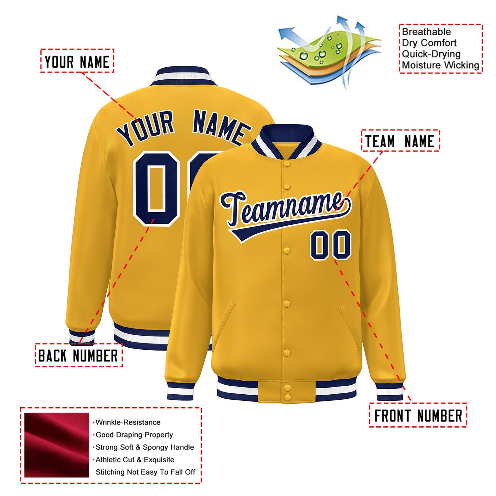 Custom Yellow Navy-White Bomber Full-Snap Varsity Letterman Jacket