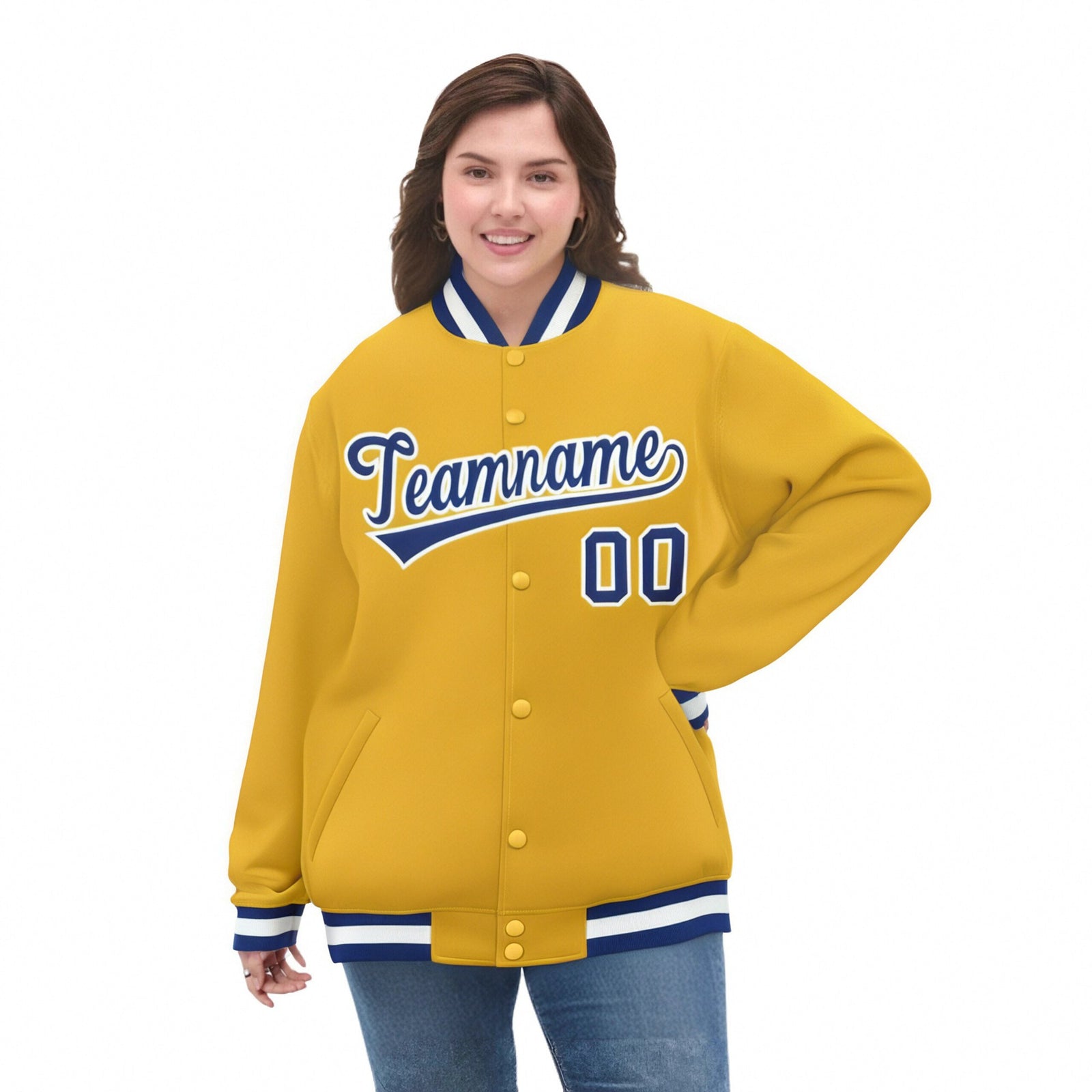 Custom Yellow Royal-Blue White Bomber Full-Snap Varsity Letterman Jacket