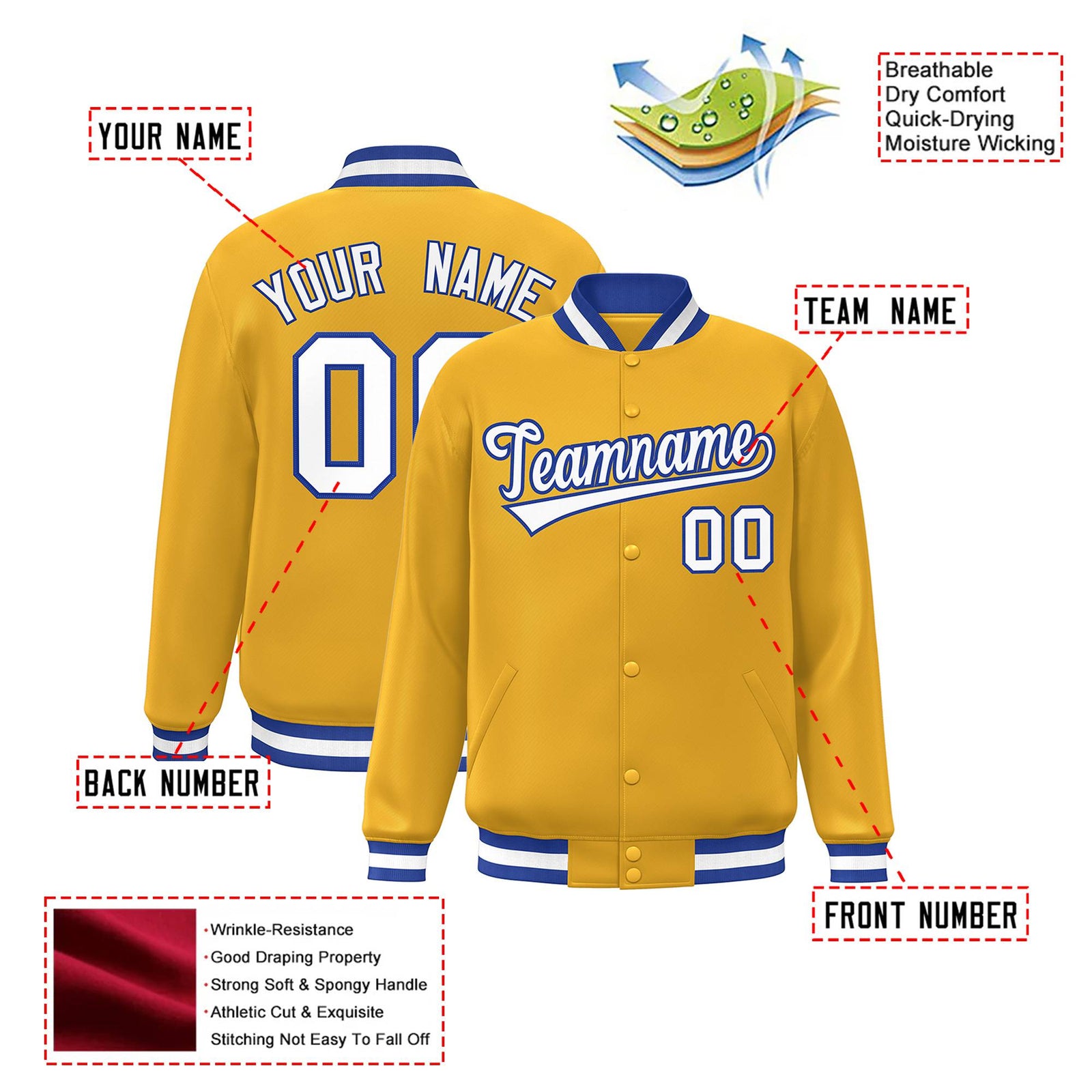 Custom Yellow White Royal-Blue Bomber Full-Snap Varsity Letterman Jacket