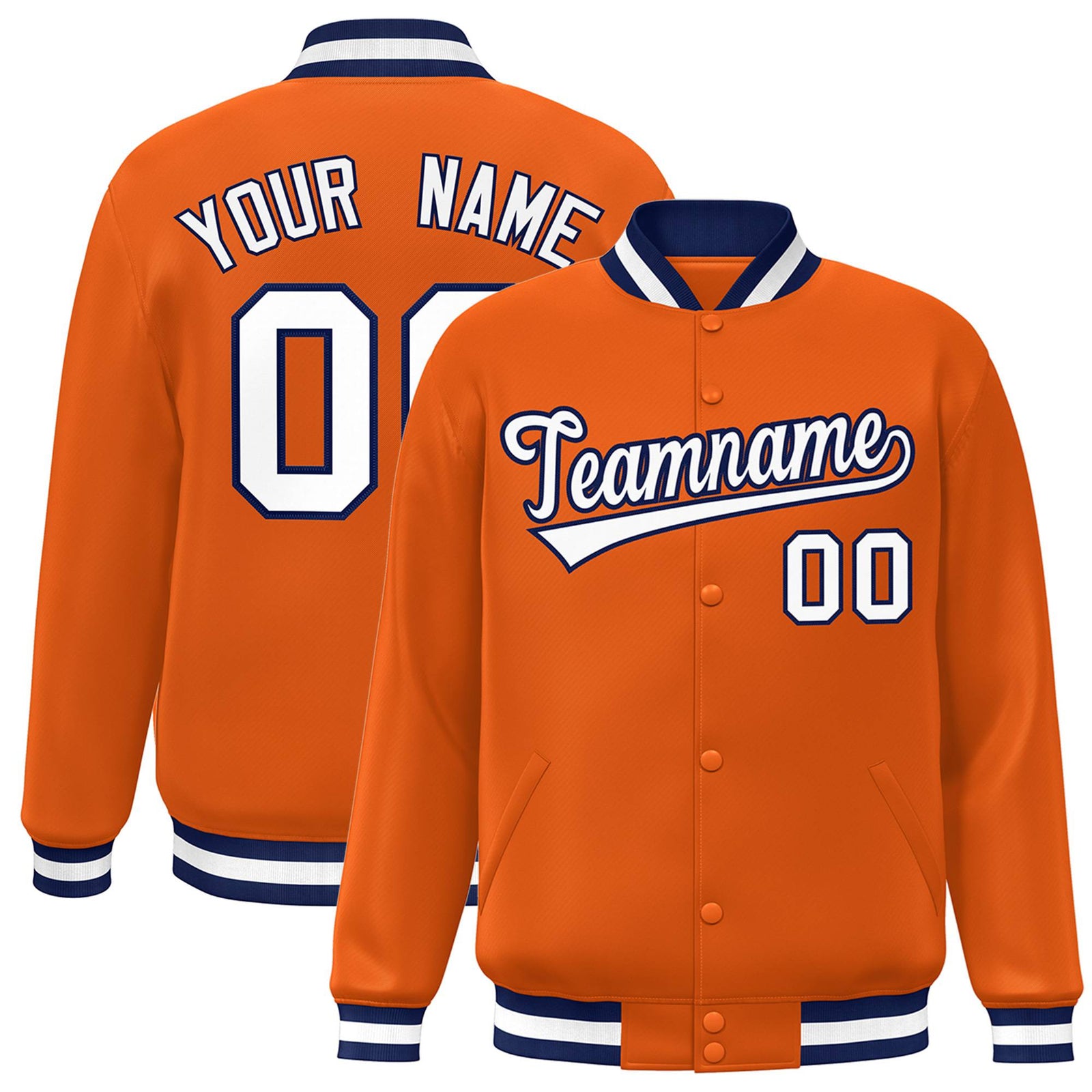Custom Orange White Navy Bomber Full-Snap Varsity Letterman Jacket