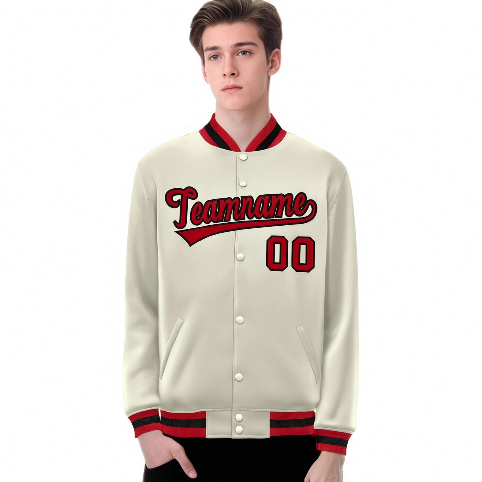 Custom Cream Red Black Bomber Full-Snap Varsity Letterman Jacket