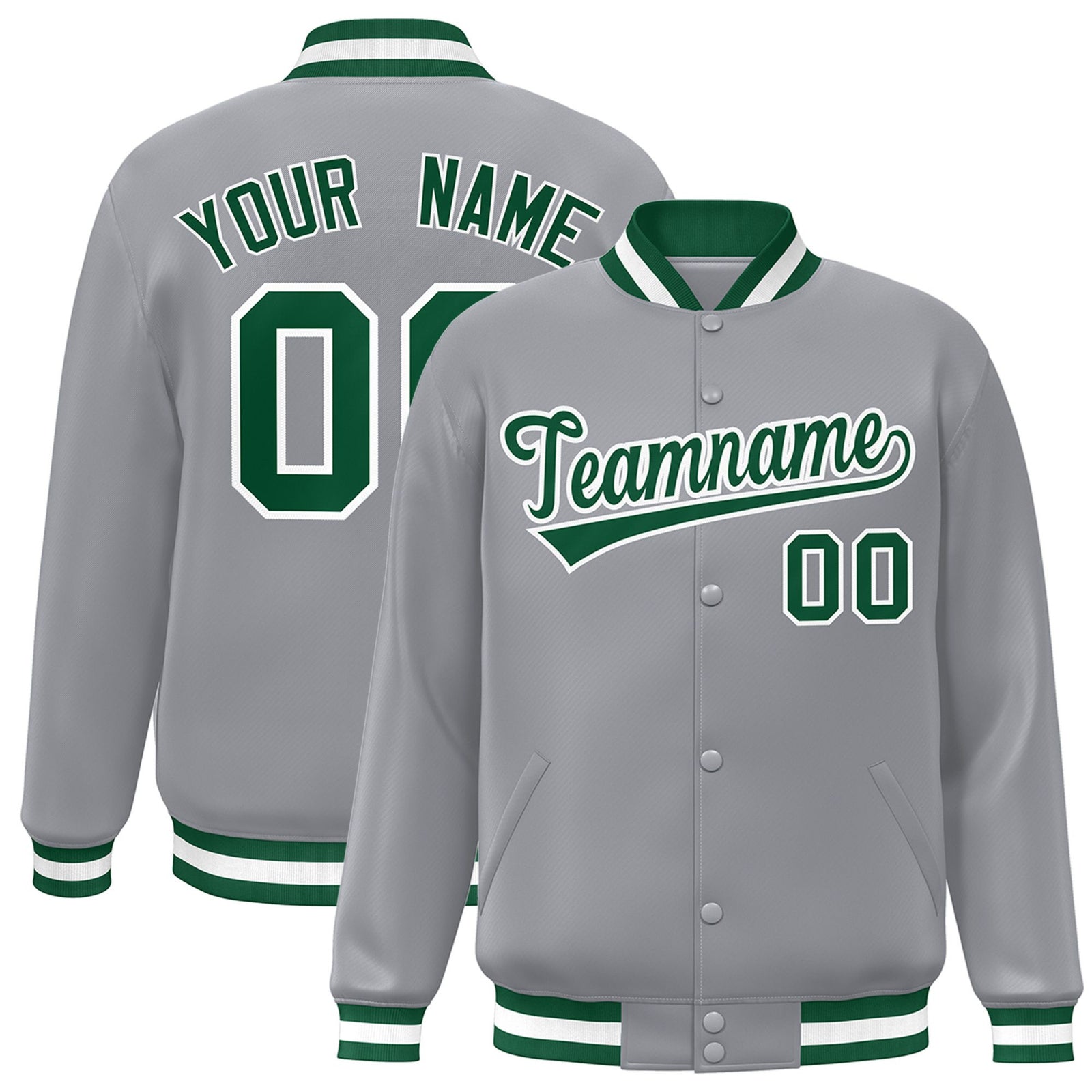 Custom Gray Neon-Green White Bomber Full-Snap Varsity Letterman Jacket