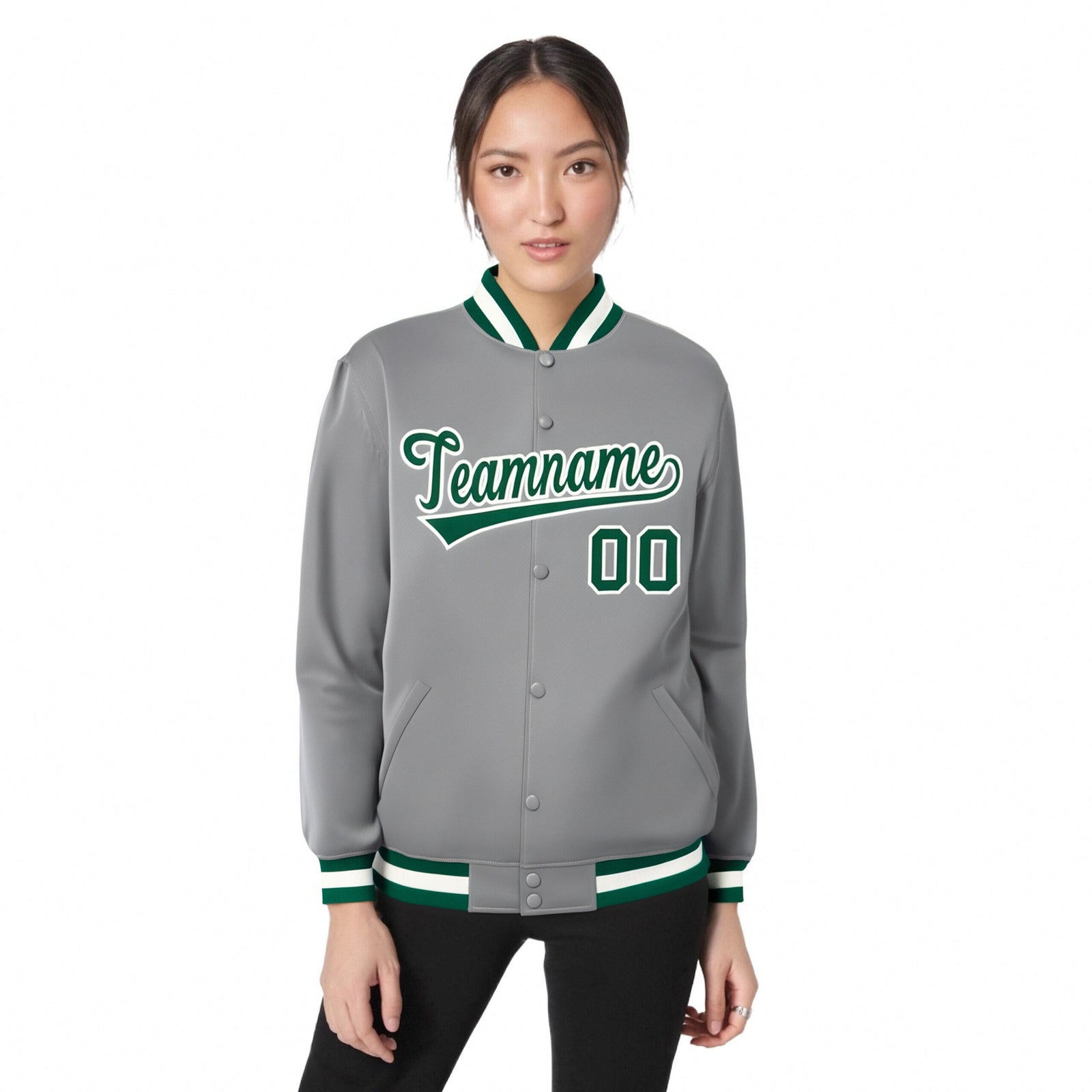 Custom Gray Neon-Green White Bomber Full-Snap Varsity Letterman Jacket