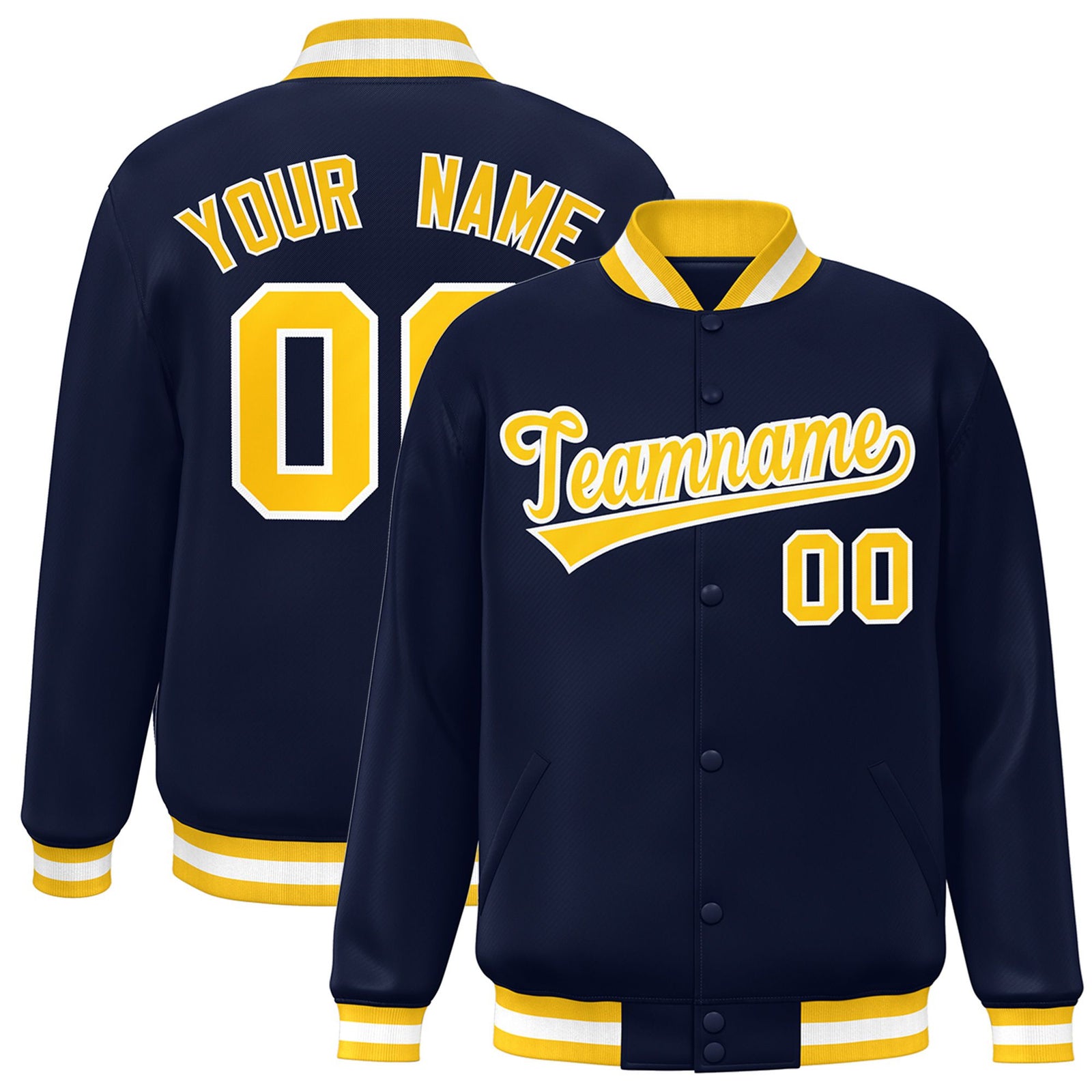 Custom Navy Yellow-White Bomber Full-Snap Varsity Letterman Jacket