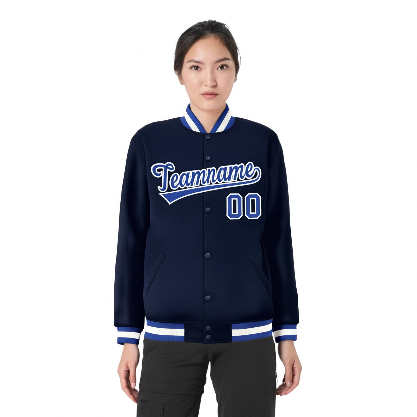 Custom Navy Royal-Blue White Bomber Full-Snap Varsity Letterman Jacket