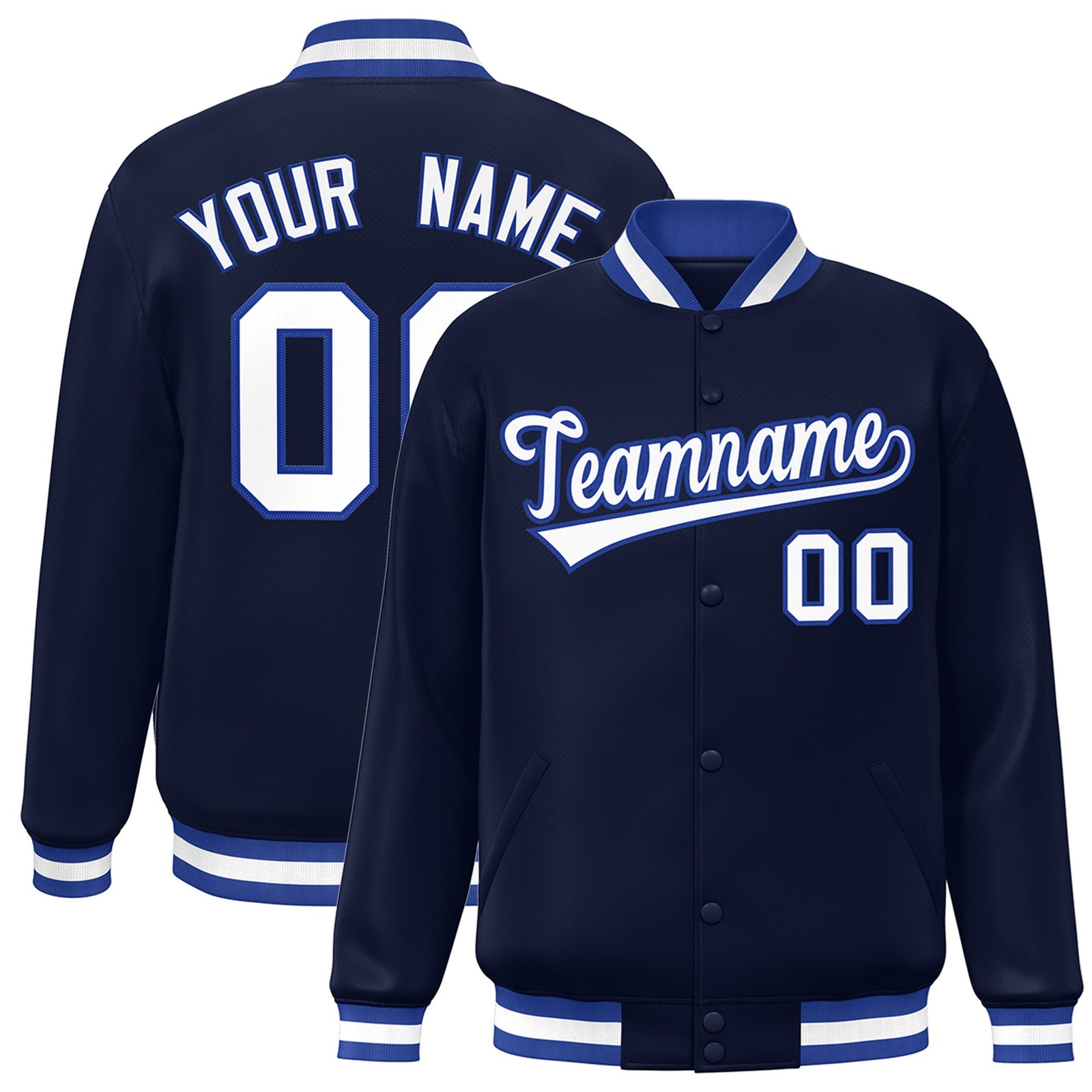 Custom Navy White Royal-Blue Bomber Full-Snap Varsity Letterman Jacket