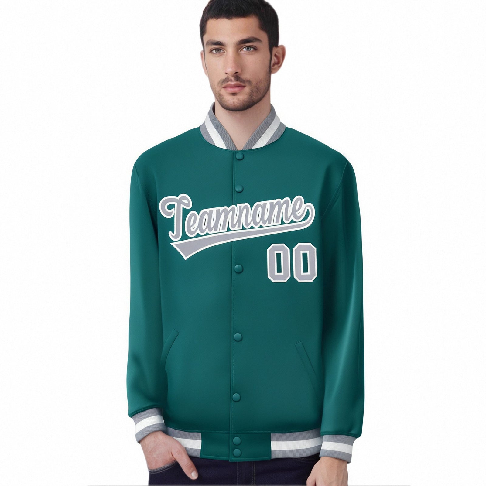 Custom Aqua Gray-White Bomber Full-Snap Varsity Letterman Jacket