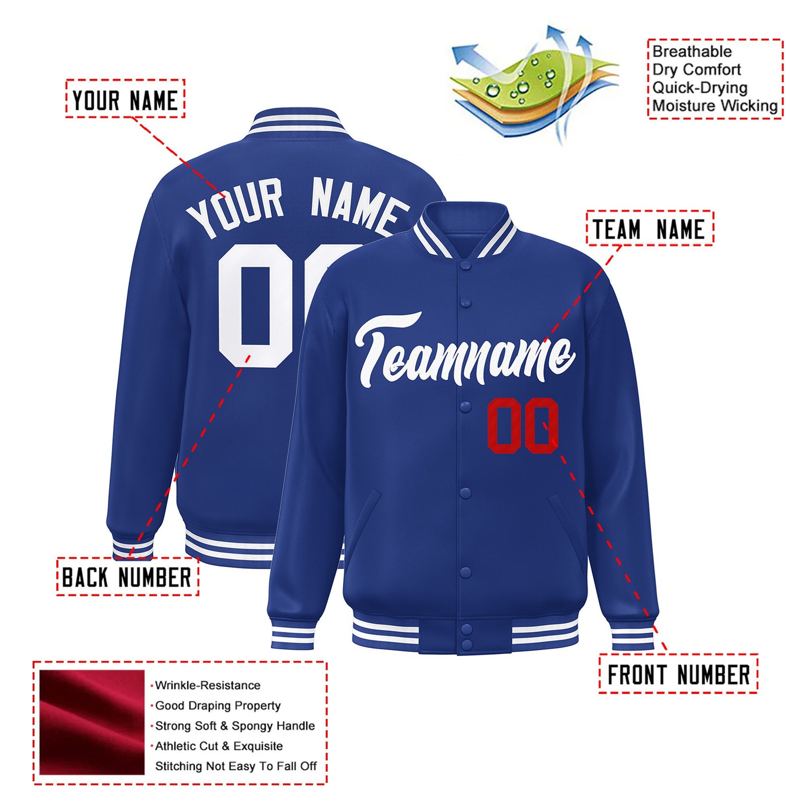 Custom Thunder Blue White-Red Bomber Full-Snap Varsity Letterman Jacket