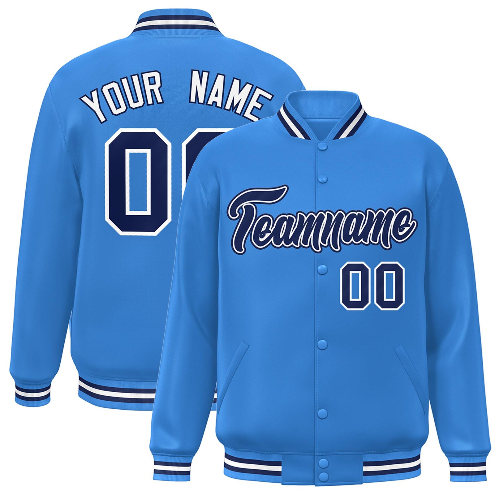 Custom Light Blue Navy-White Bomber Full-Snap Varsity Letterman Jacket