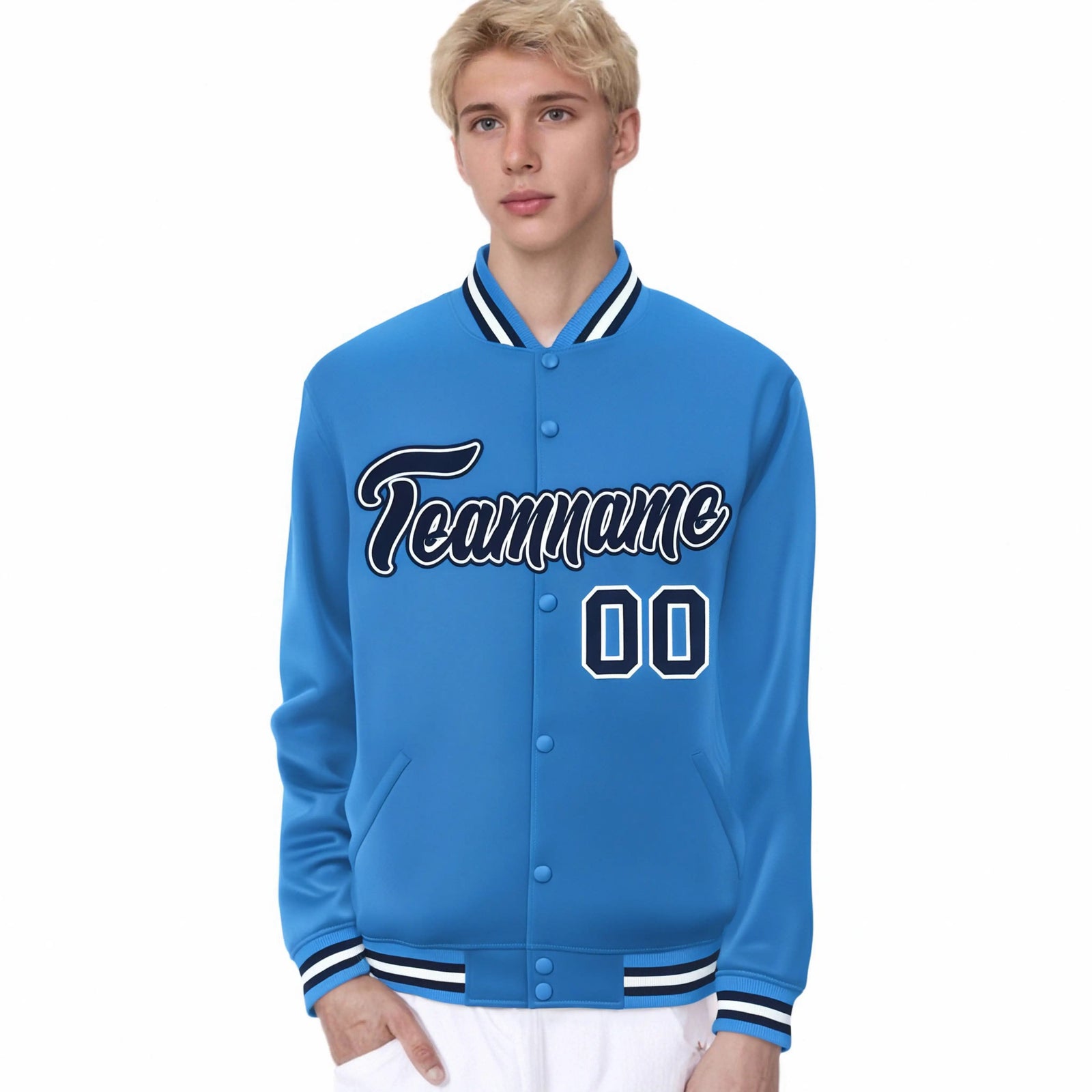 Custom Light Blue Navy-White Bomber Full-Snap Varsity Letterman Jacket