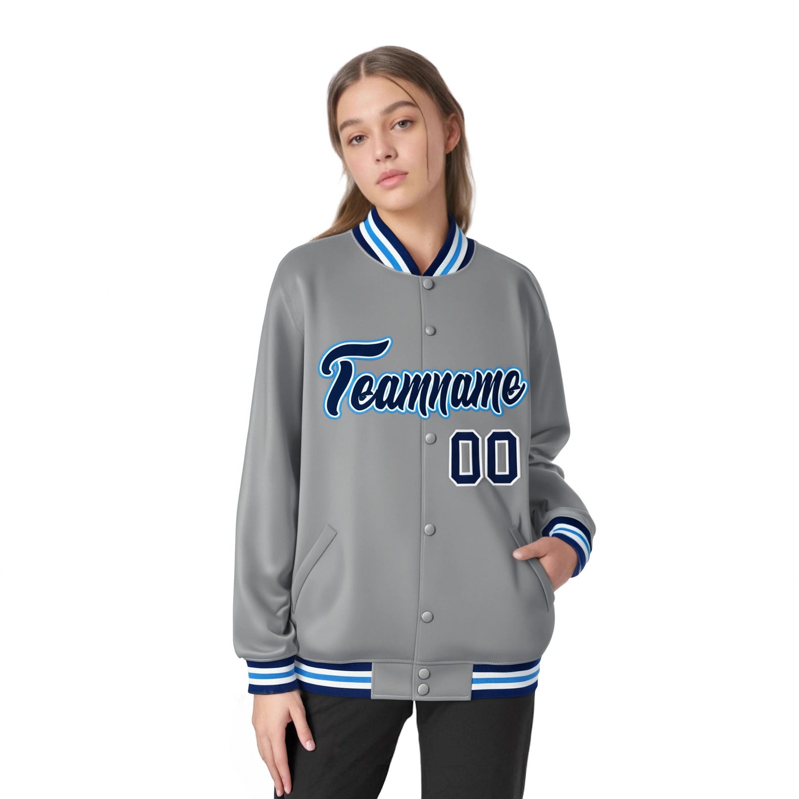 Custom Gray Navy-White Bomber Full-Snap Varsity Letterman Jacket