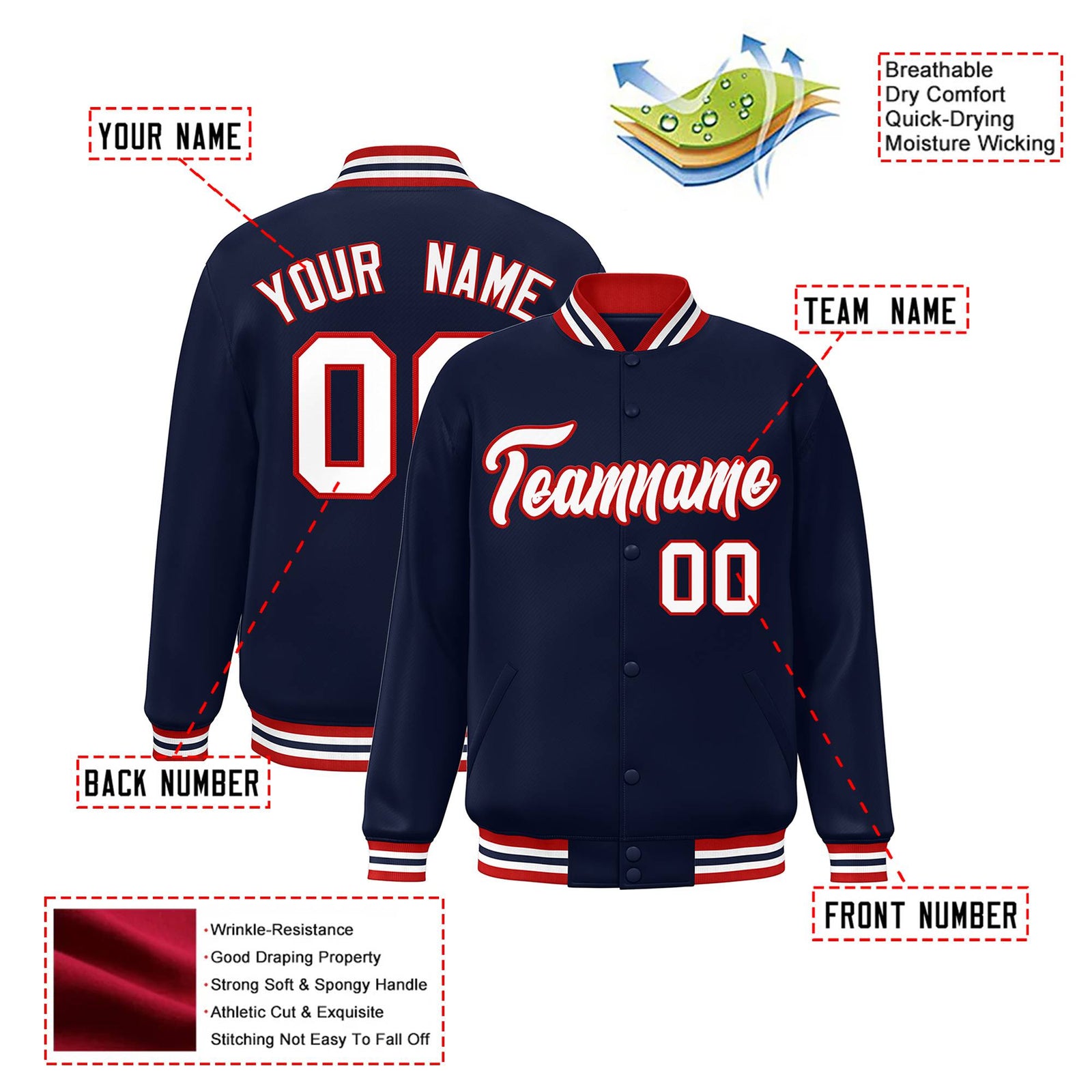 Custom Navy White-Red Bomber Full-Snap Varsity Letterman Jacket
