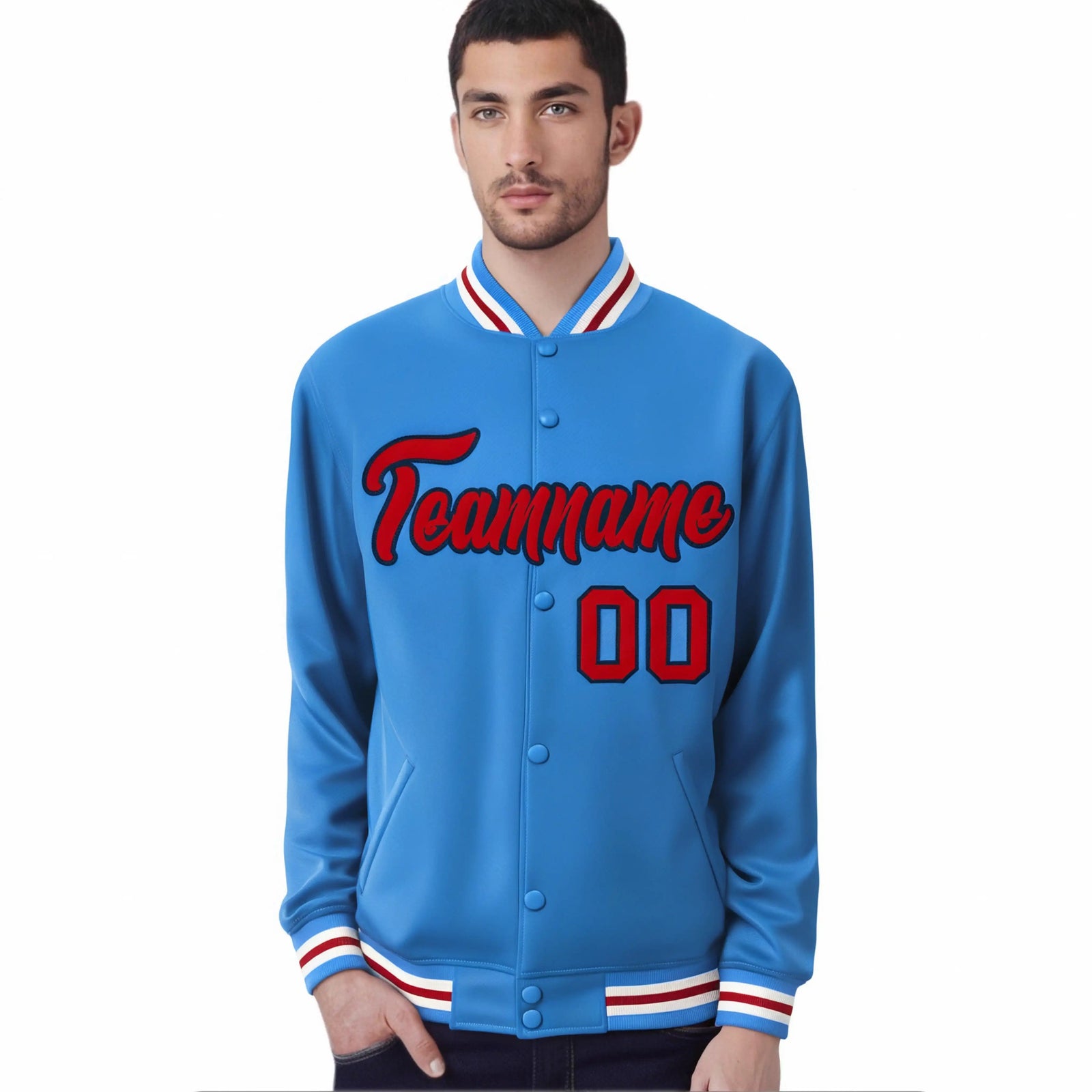 Custom Light Blue Red-White Bomber Full-Snap Varsity Letterman Jacket