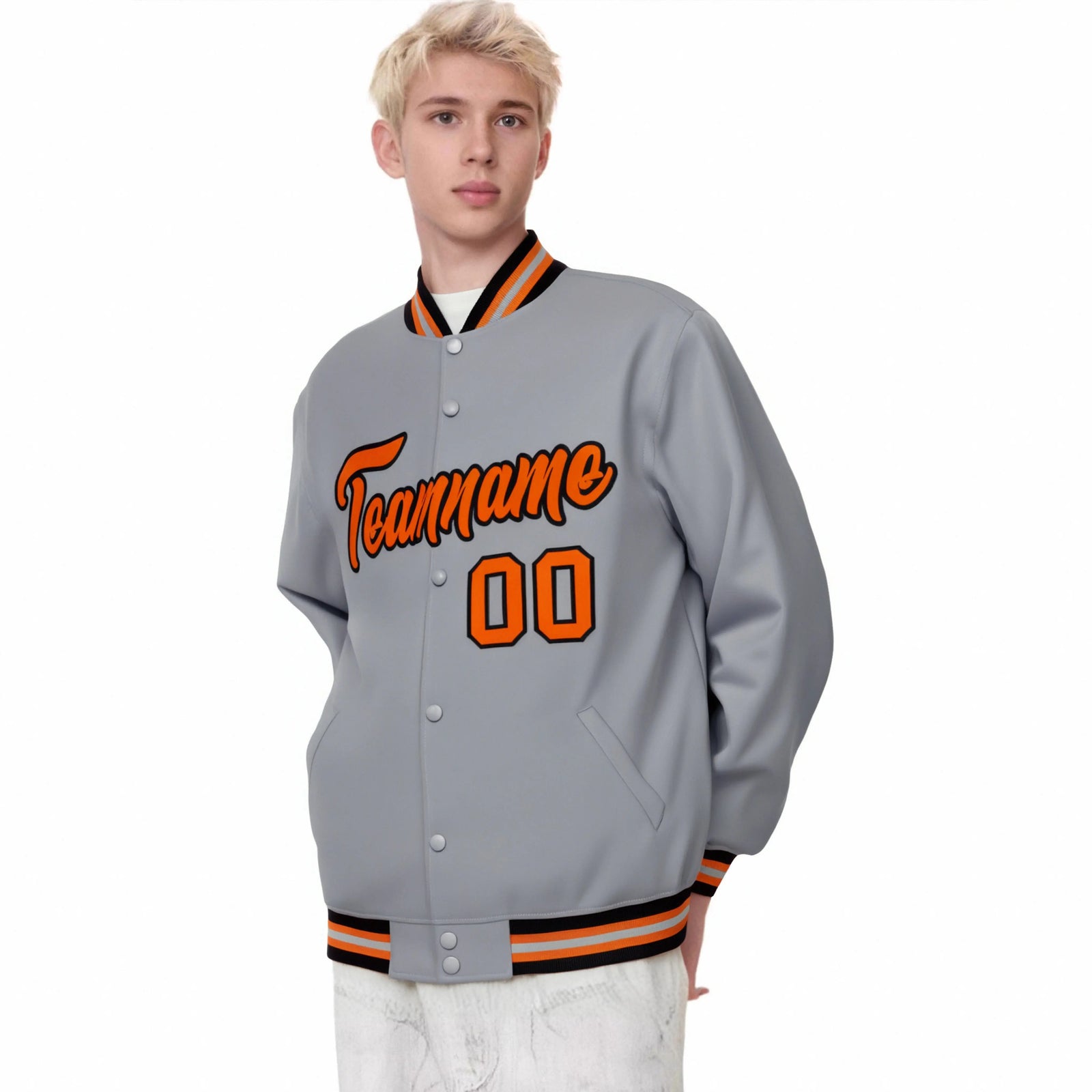 Custom Gray Orange-Black Bomber Full-Snap Varsity Letterman Jacket