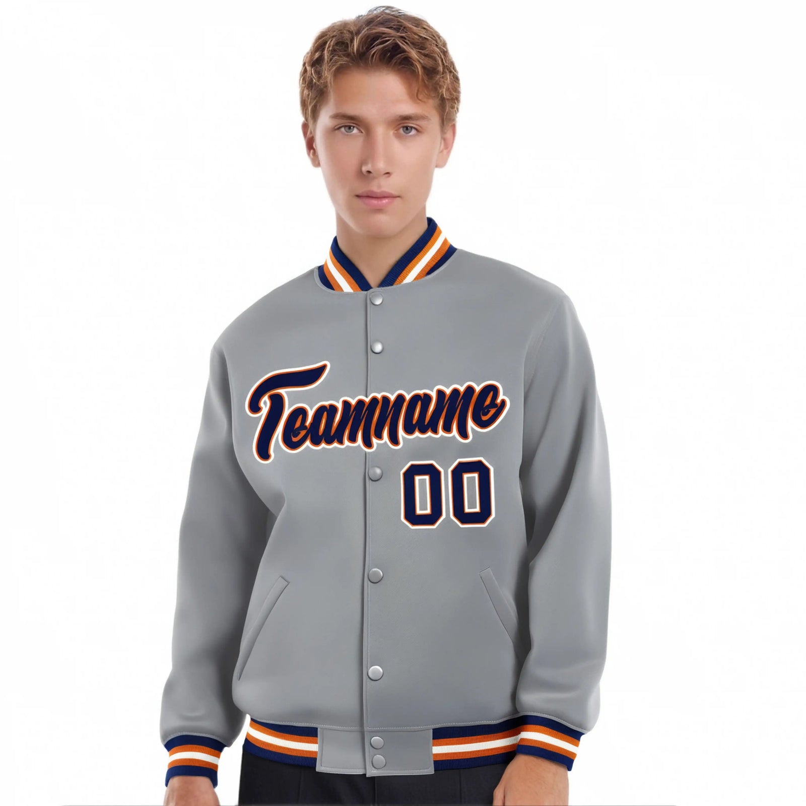 Custom Gray Navy-Orange Bomber Full-Snap Varsity Letterman Jacket
