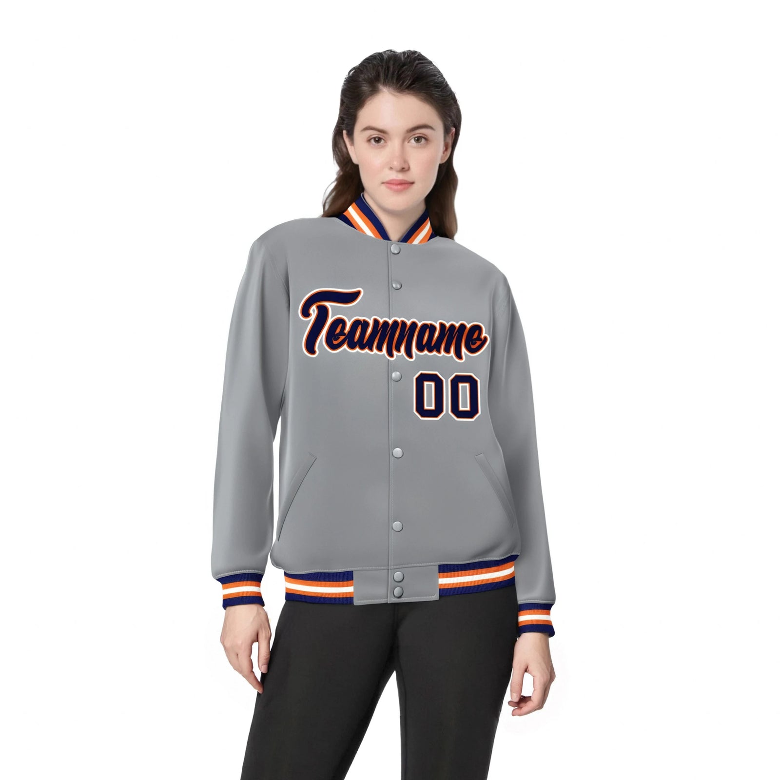 Chaqueta universitaria personalizada de estilo aviador con cierre de presión, color gris, azul marino y naranja