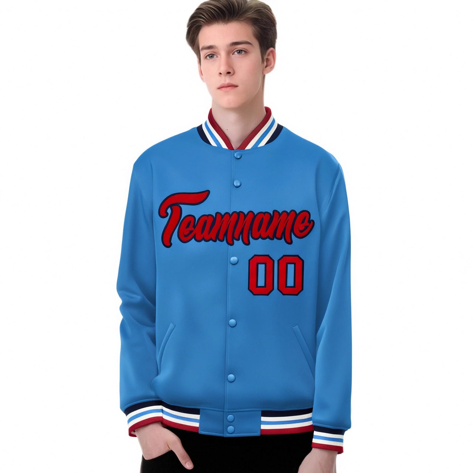 Custom Light Blue Red-Black Bomber Full-Snap Varsity Letterman Jacket