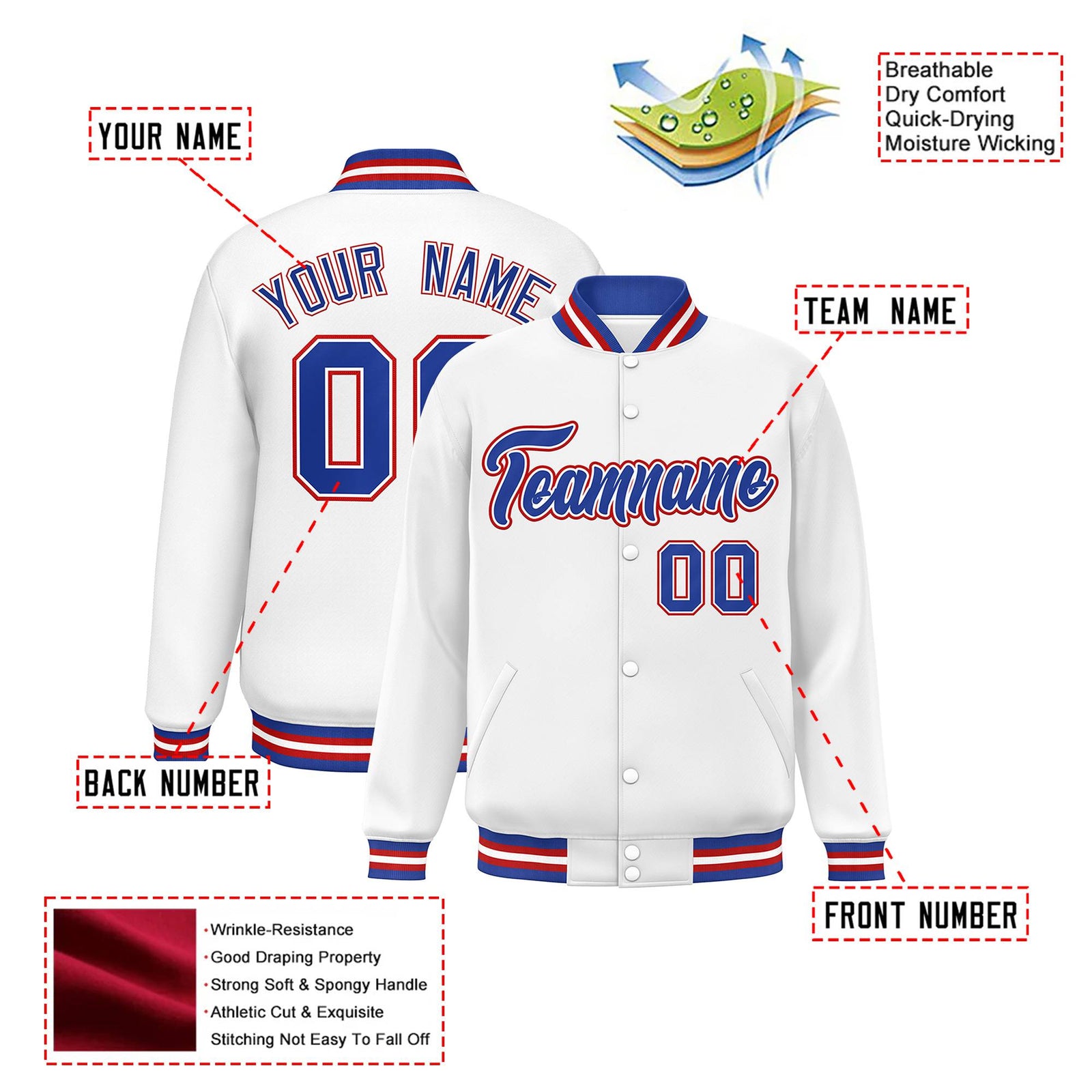 Custom White Thunder-Blue Red Bomber Full-Snap Varsity Letterman Jacket