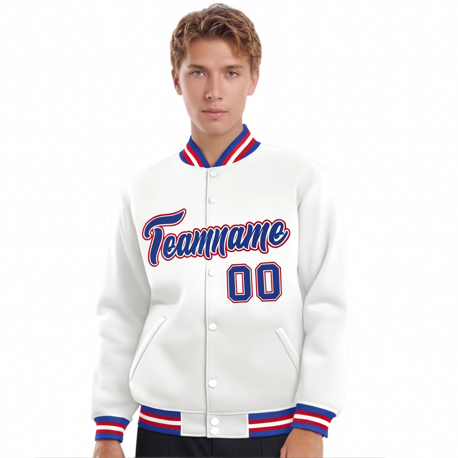 Custom White Thunder-Blue Red Bomber Full-Snap Varsity Letterman Jacket