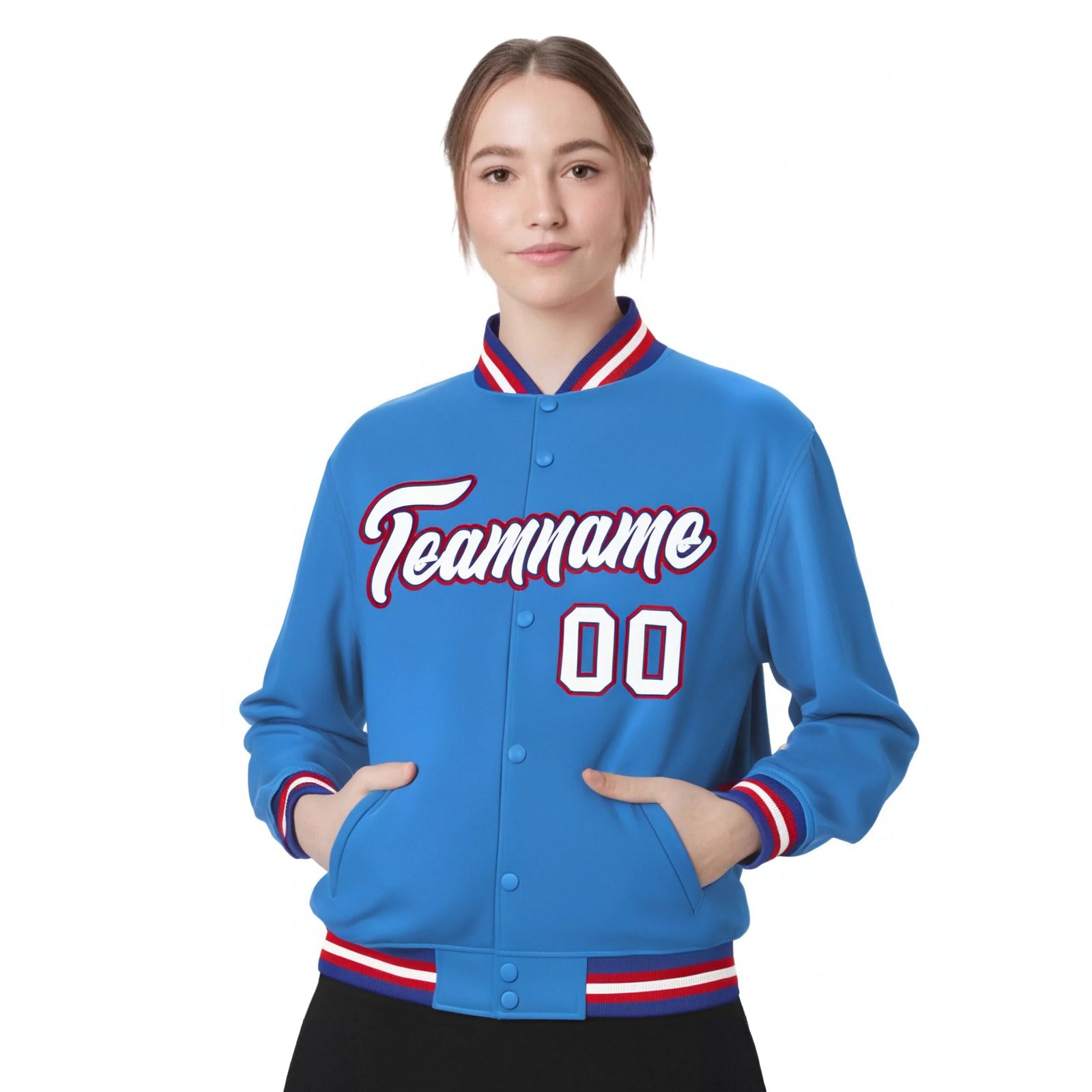 Custom Light Blue White-Red Bomber Full-Snap Varsity Letterman Jacket