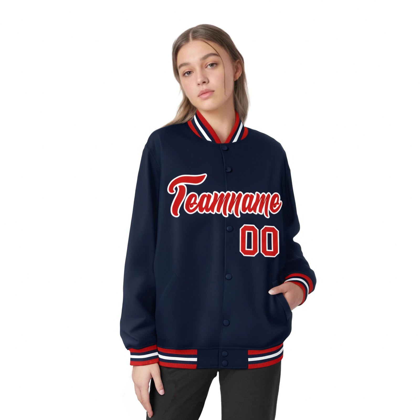 Custom Navy Red-White Bomber Full-Snap Varsity Letterman Jacket