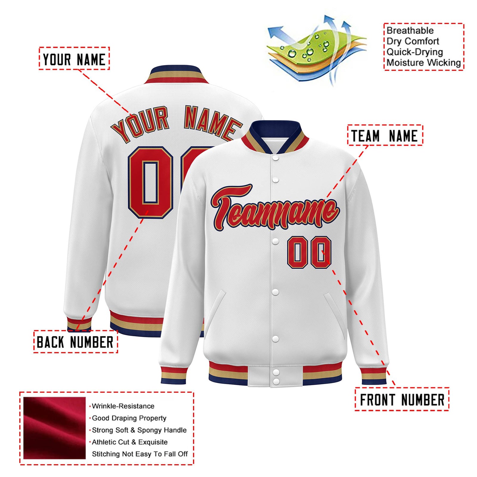 Custom White Red-Navy Old-Gold Bomber Full-Snap Varsity Letterman Jacket