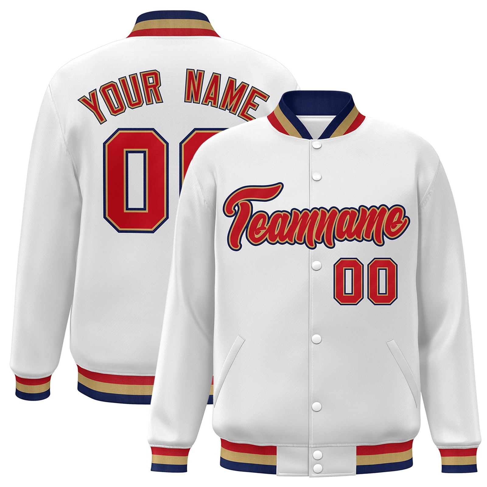 Custom White Red-Navy Old-Gold Bomber Full-Snap Varsity Letterman Jacket