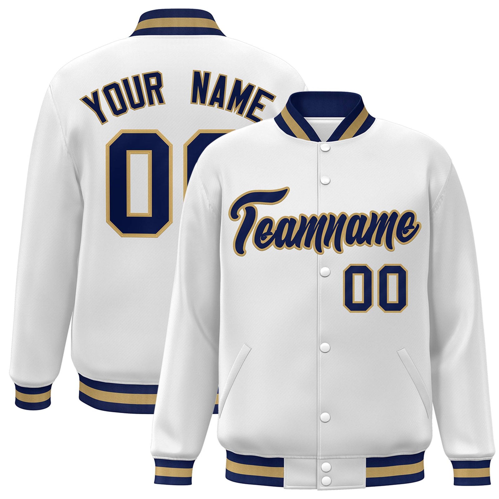 Custom White Navy Old-Gold Bomber Full-Snap Varsity Letterman Jacket