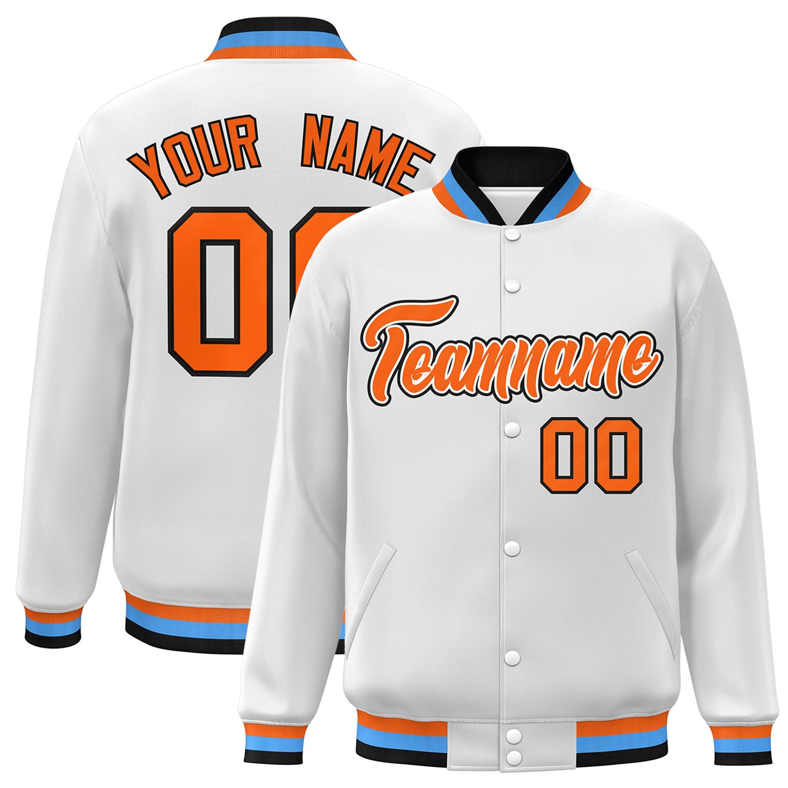 Custom White Orange Light-Blue Bomber Full-Snap Varsity Letterman Jacket