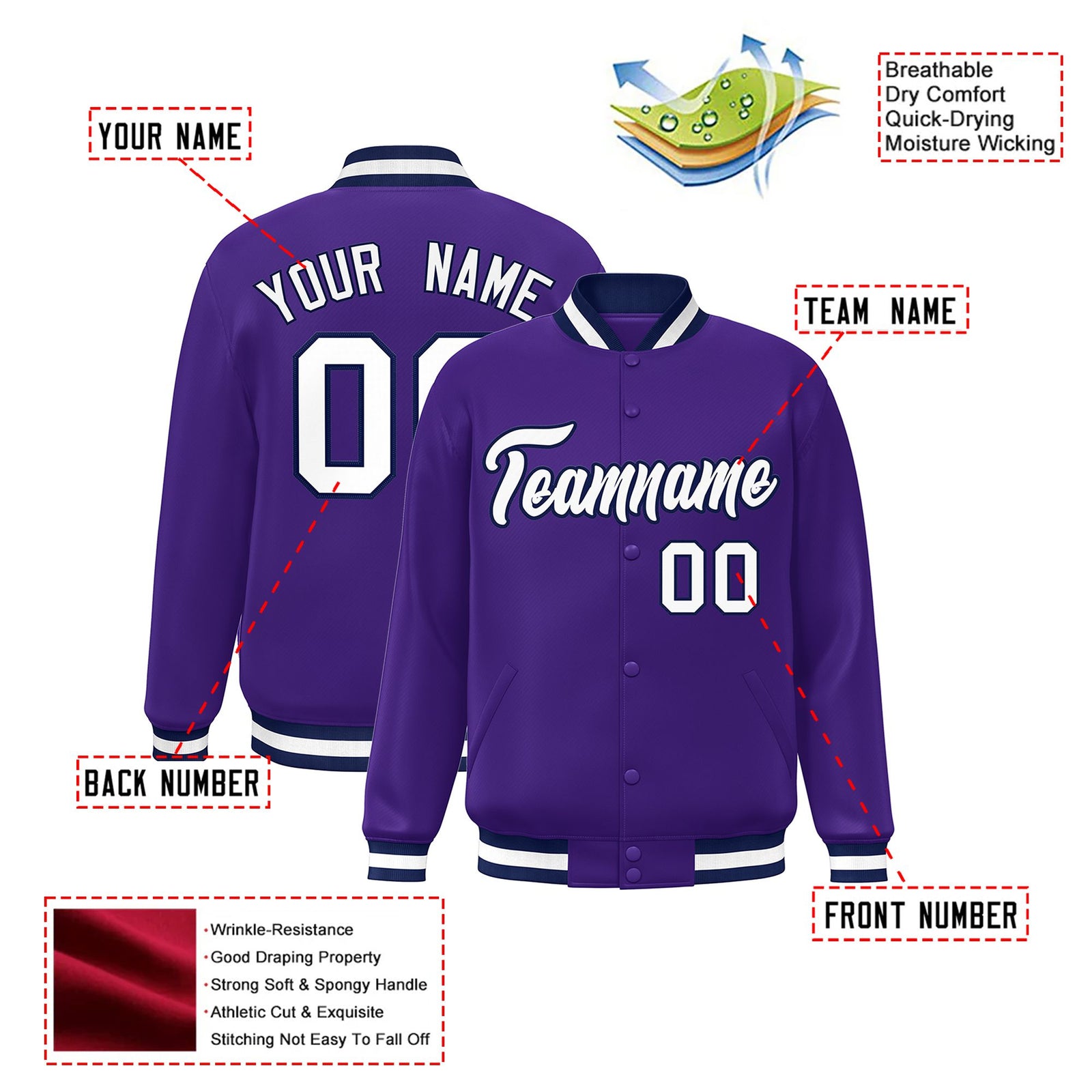 Custom Purple White-Navy Bomber Full-Snap Varsity Letterman Jacket