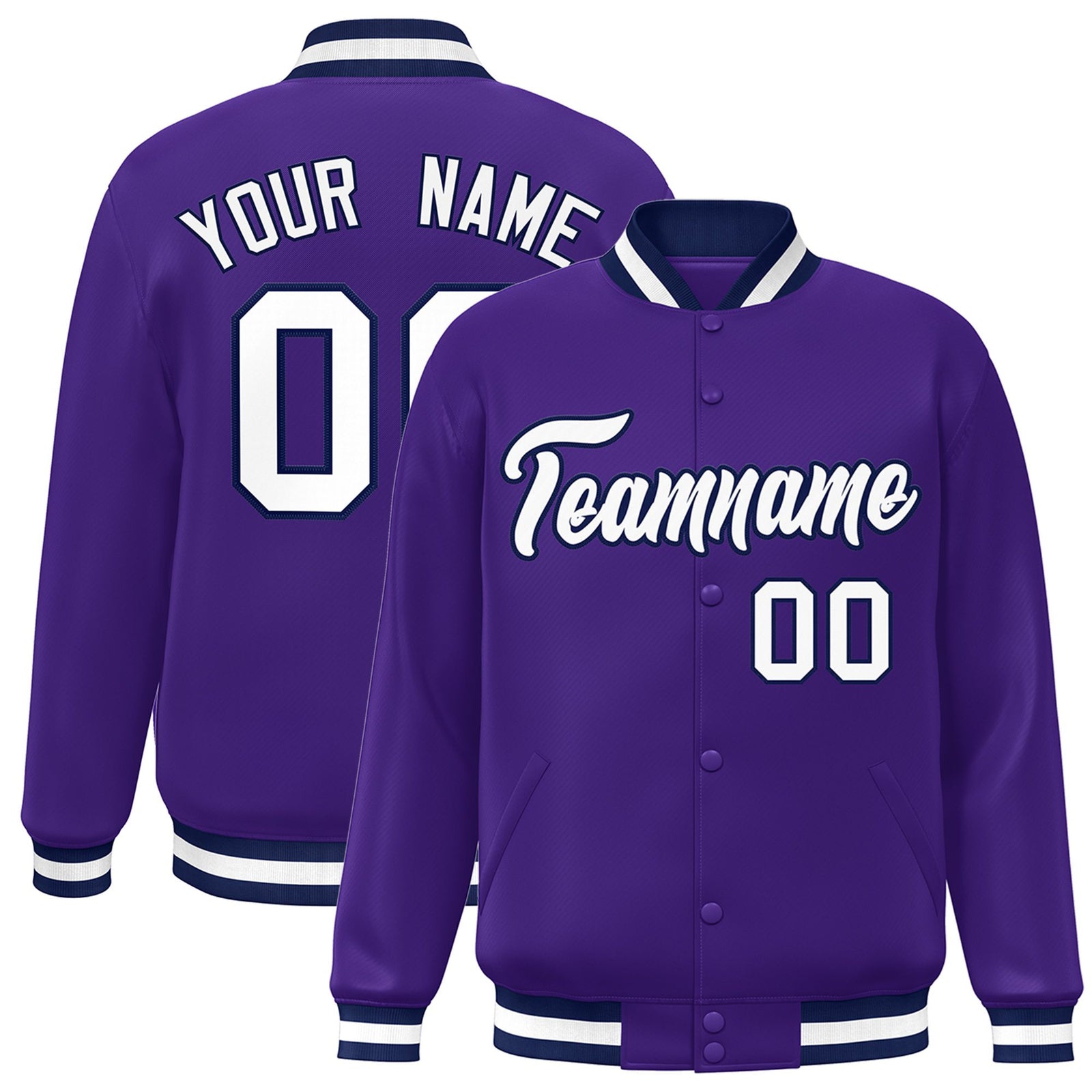 Custom Purple White-Navy Bomber Full-Snap Varsity Letterman Jacket