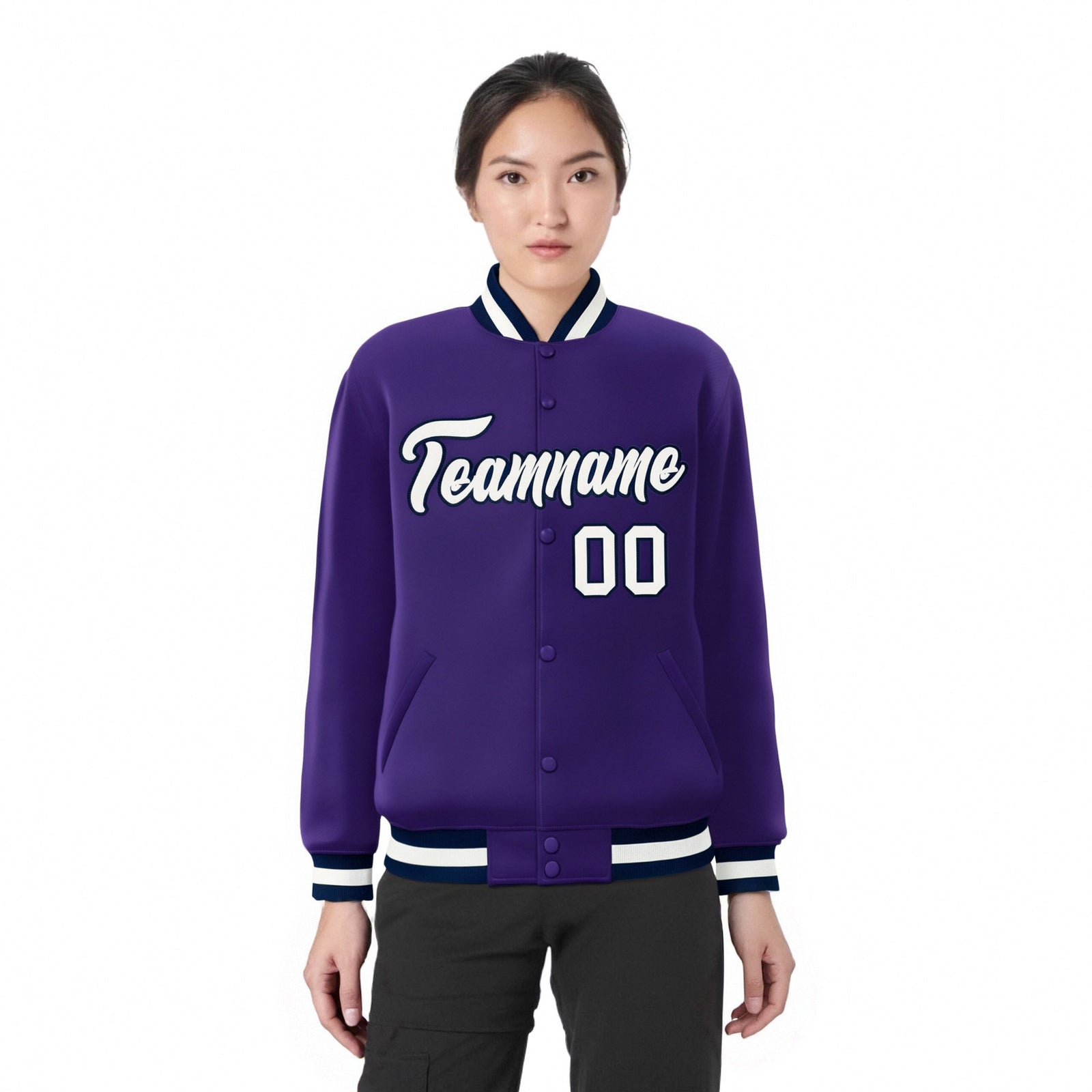 Custom Purple White-Navy Bomber Full-Snap Varsity Letterman Jacket