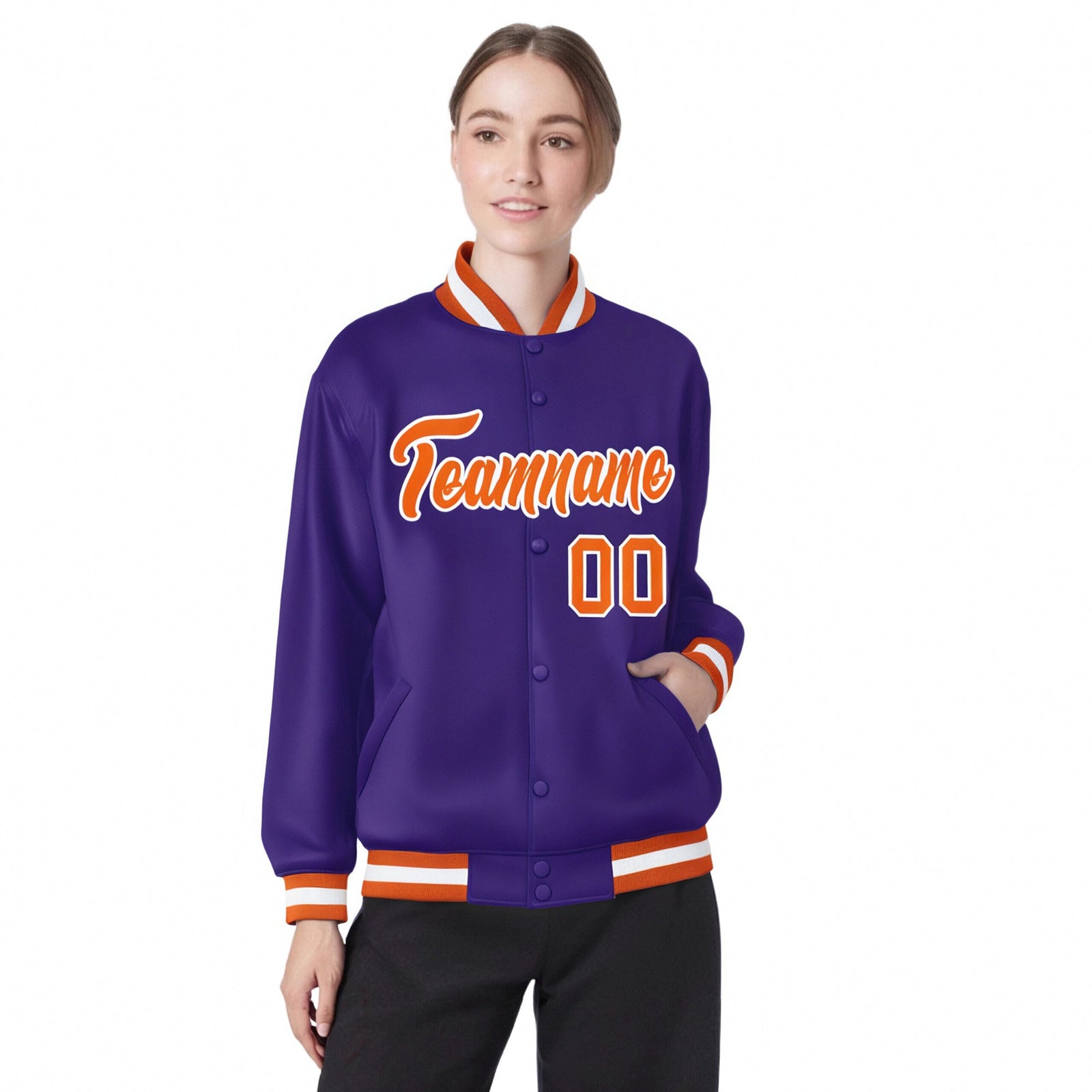 Custom Purple Orange-White Bomber Full-Snap Varsity Letterman Jacket