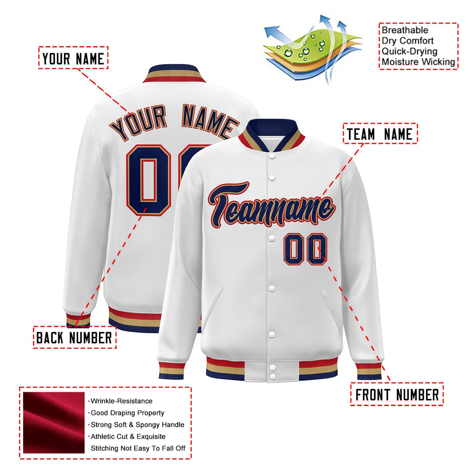 Custom White Navy Old-Gold Bomber Full-Snap Varsity Letterman Jacket