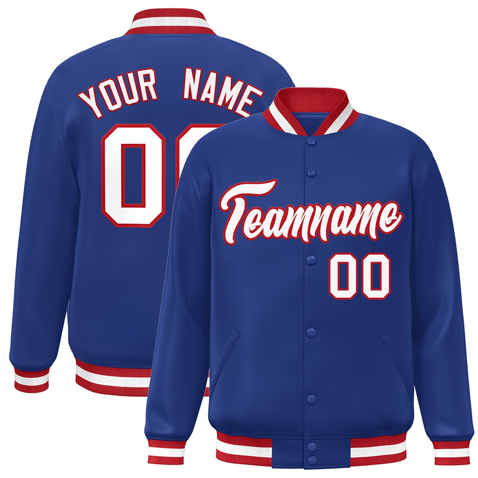 Custom Royal Blue White-Red Bomber Full-Snap Varsity Letterman Jacket