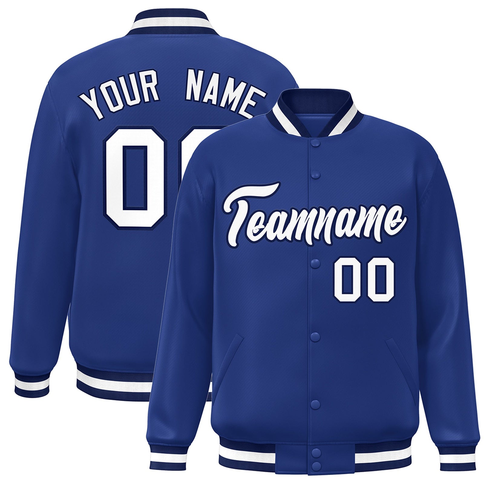 Custom Royal Blue Black-White Bomber Full-Snap Varsity Letterman Jacket