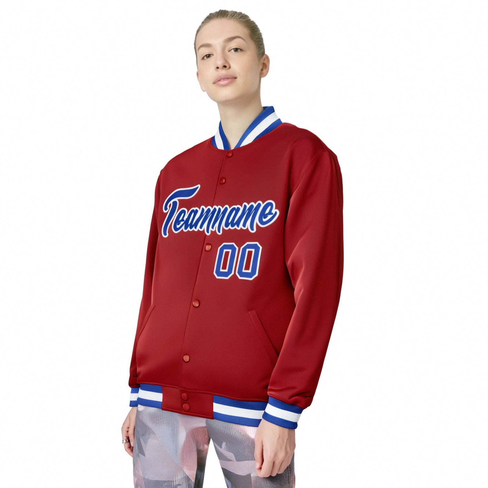 Custom Royal-Red Royal-Blue White Bomber Full-Snap Varsity Letterman Jacket