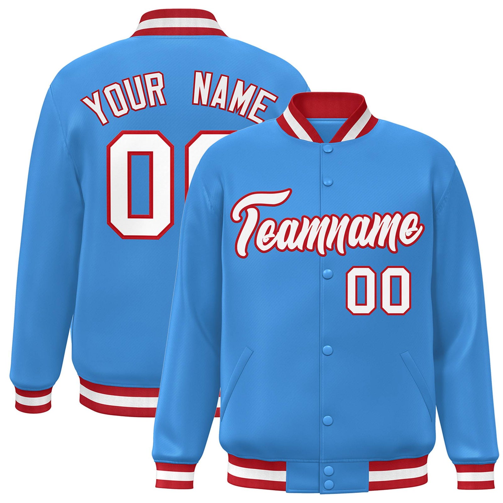 Custom Light-Blue White-Red Bomber Full-Snap Varsity Letterman Jacket