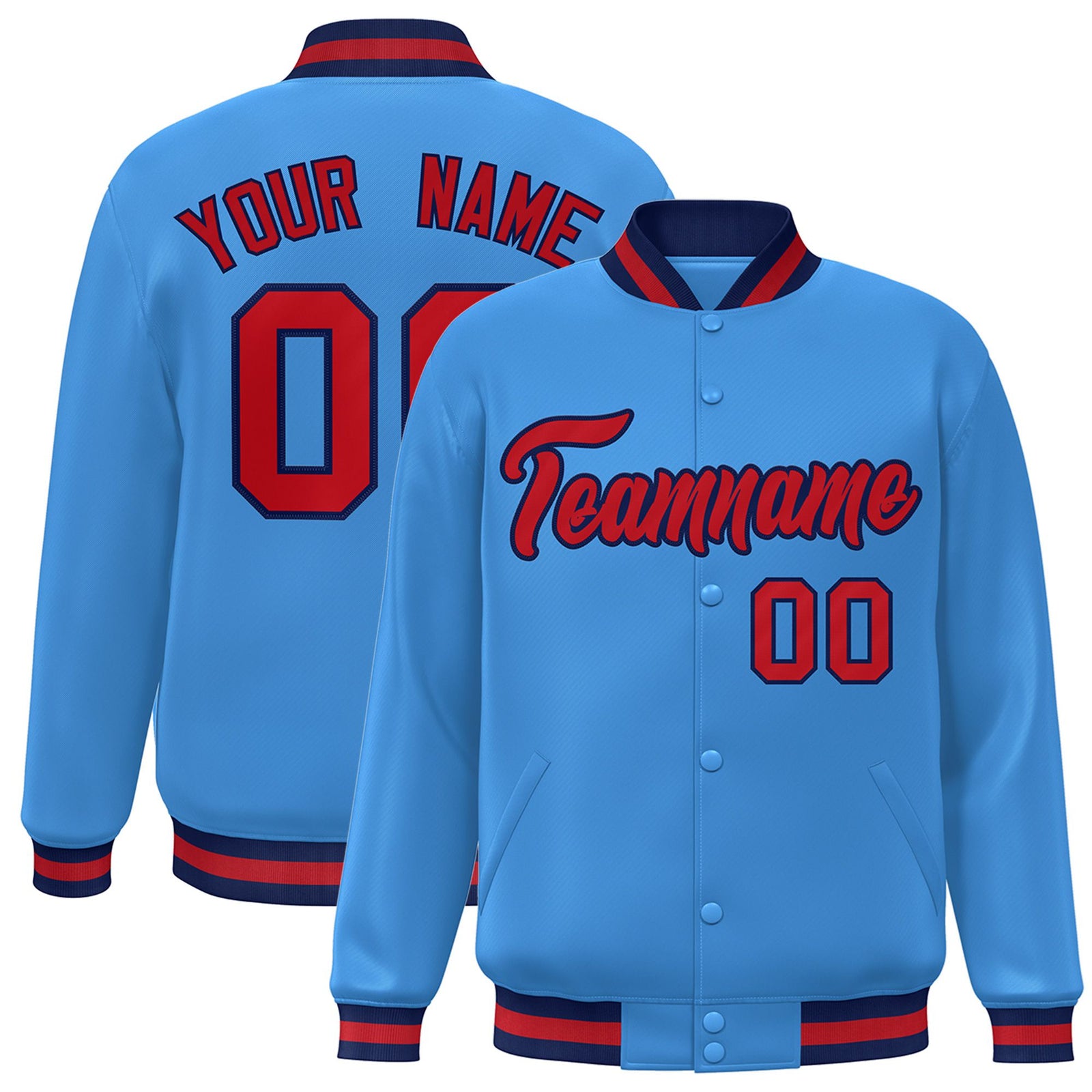 Custom Light-Blue Red-Navy Bomber Full-Snap Varsity Letterman Jacket