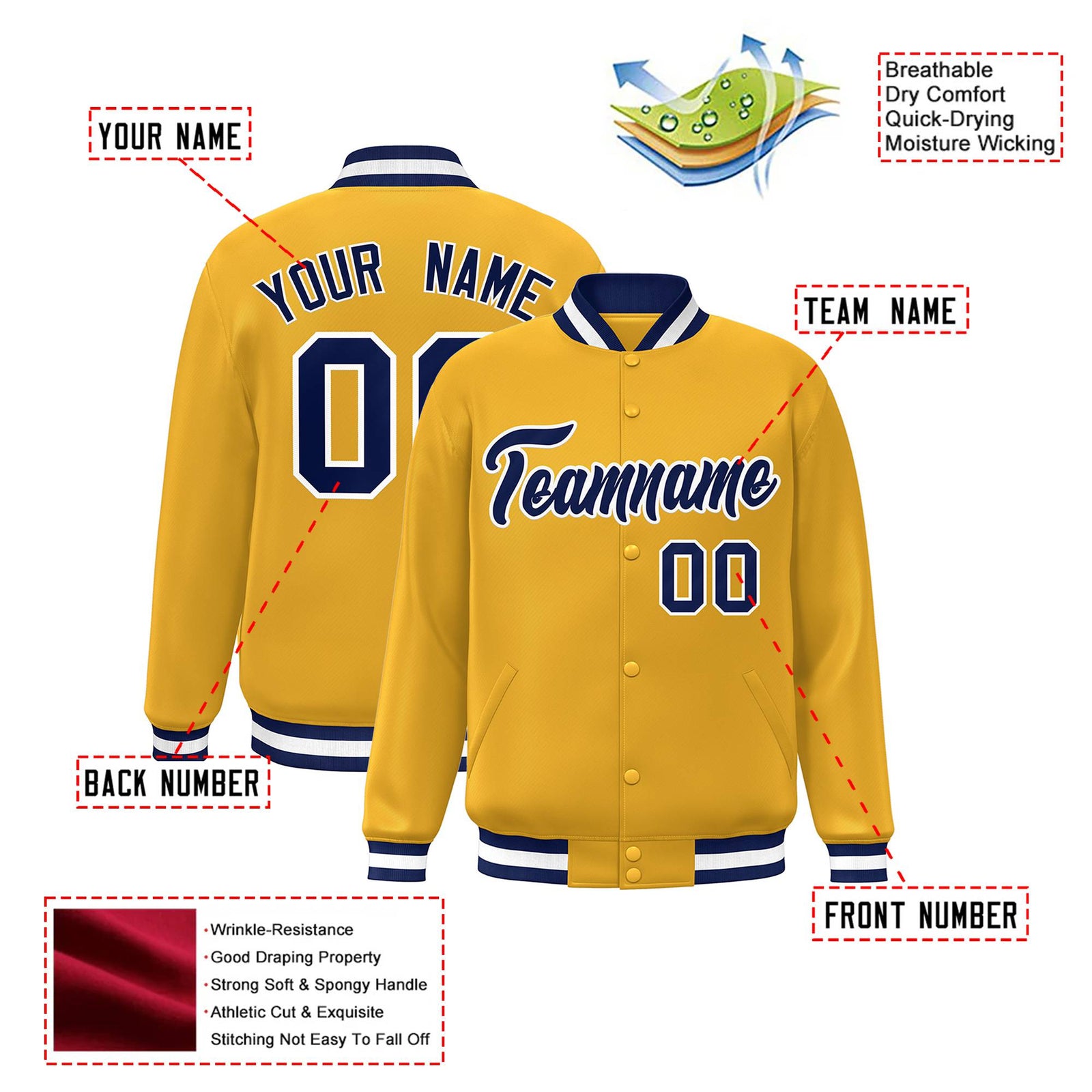 Custom Yellow Navy-White Bomber Full-Snap Varsity Letterman Jacket