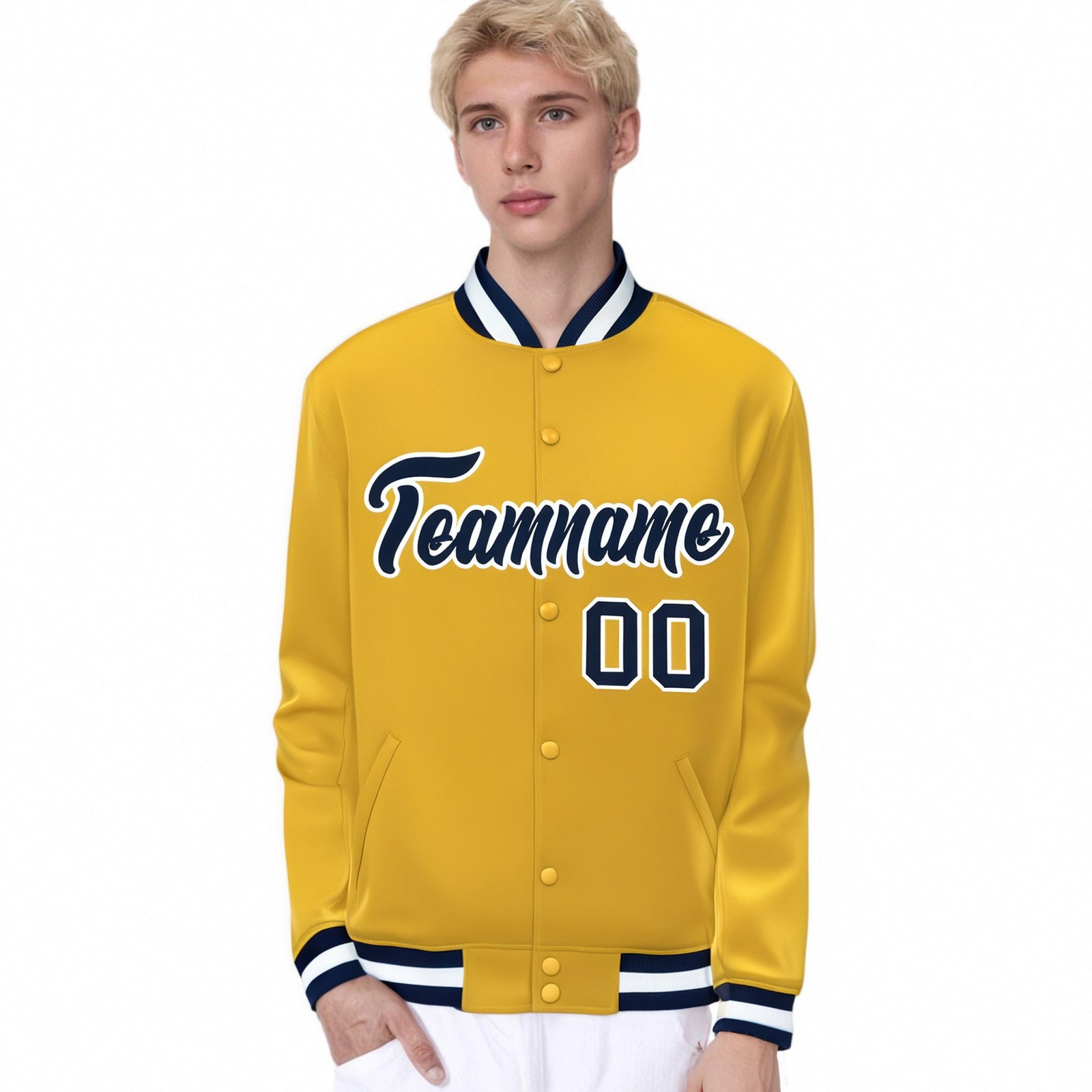 Custom Yellow Navy-White Bomber Full-Snap Varsity Letterman Jacket