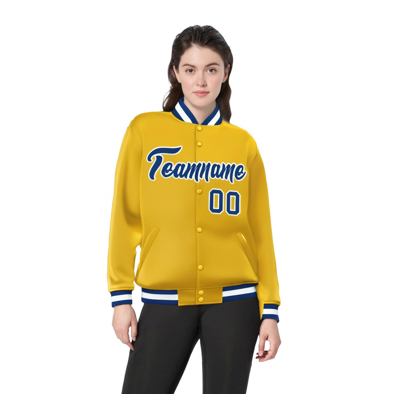 Custom Yellow Royal-Blue White Bomber Full-Snap Varsity Letterman Jacket