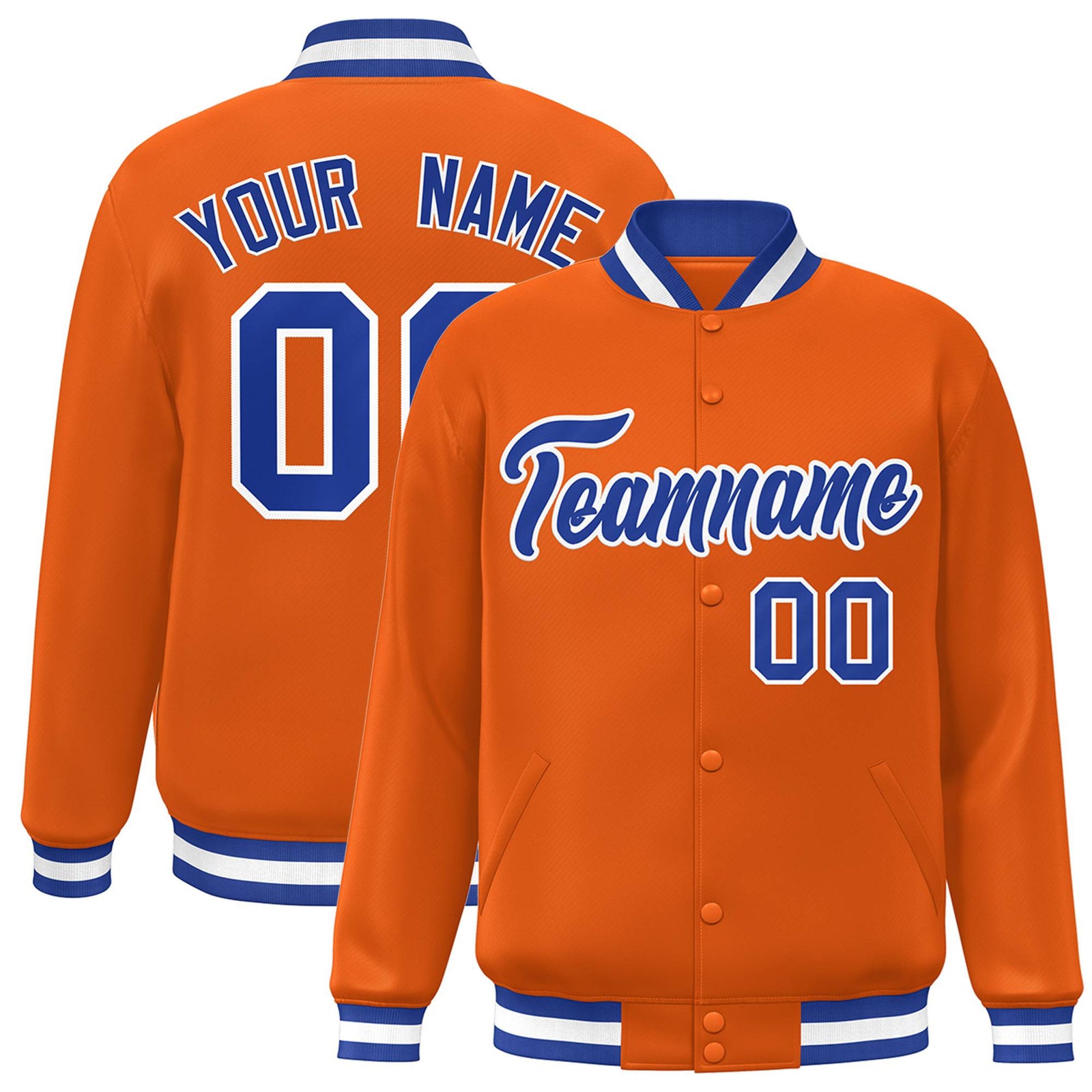 Custom Orange Thunder-Blue White Bomber Full-Snap Varsity Letterman Jacket