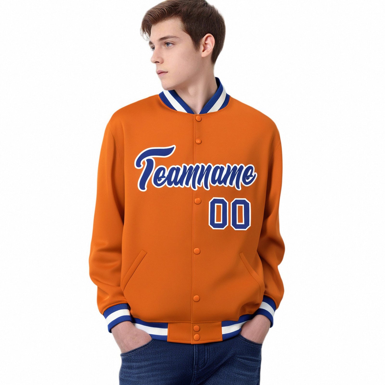 Custom Orange Thunder-Blue White Bomber Full-Snap Varsity Letterman Jacket