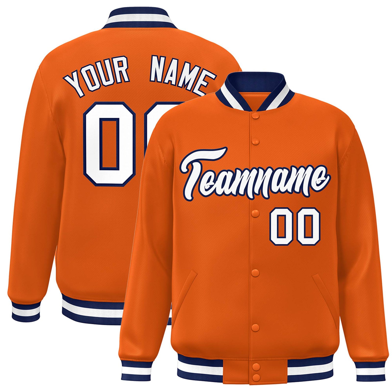 Custom Orange White Navy Bomber Full-Snap Varsity Letterman Jacket