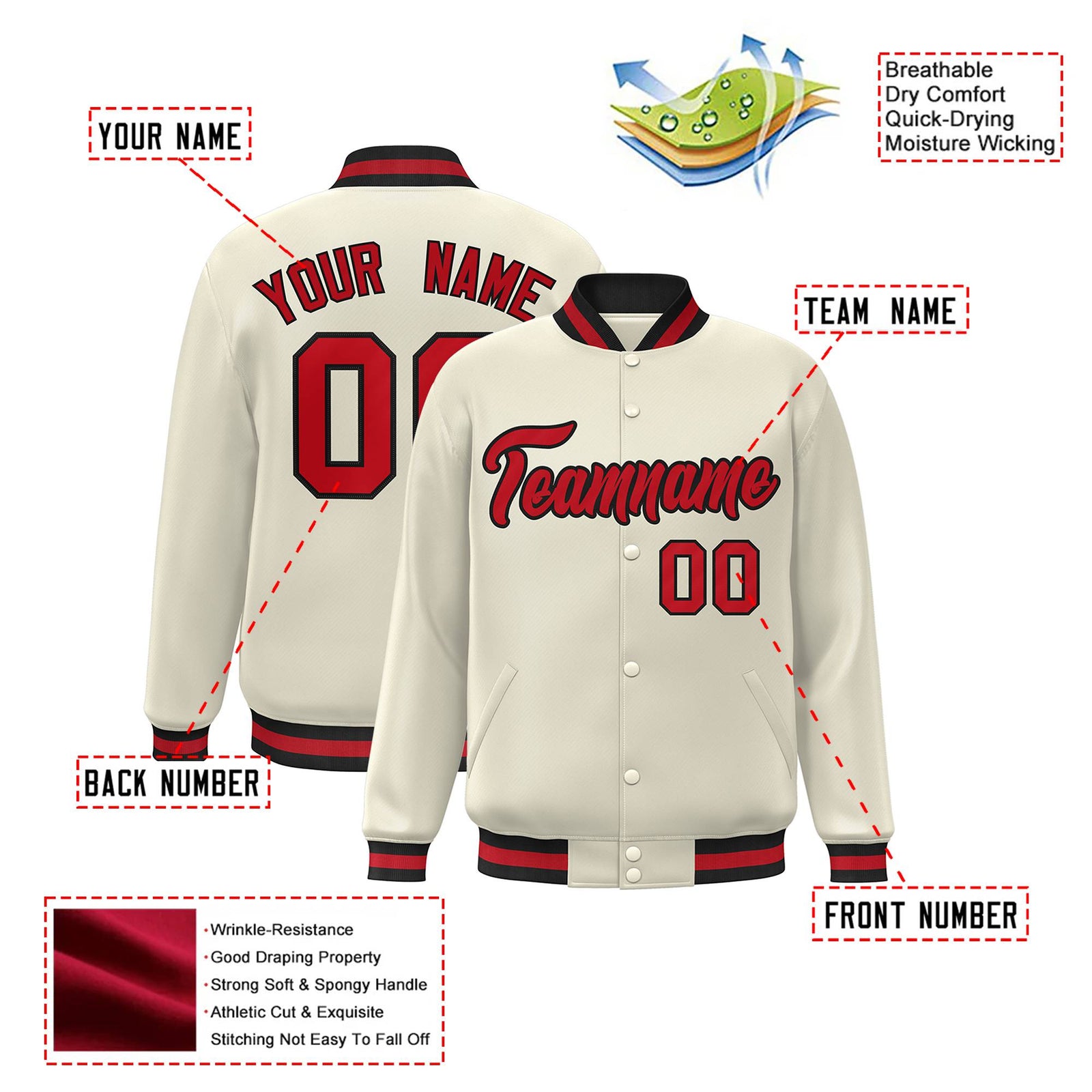 Custom Cream Red Black Bomber Full-Snap Varsity Letterman Jacket