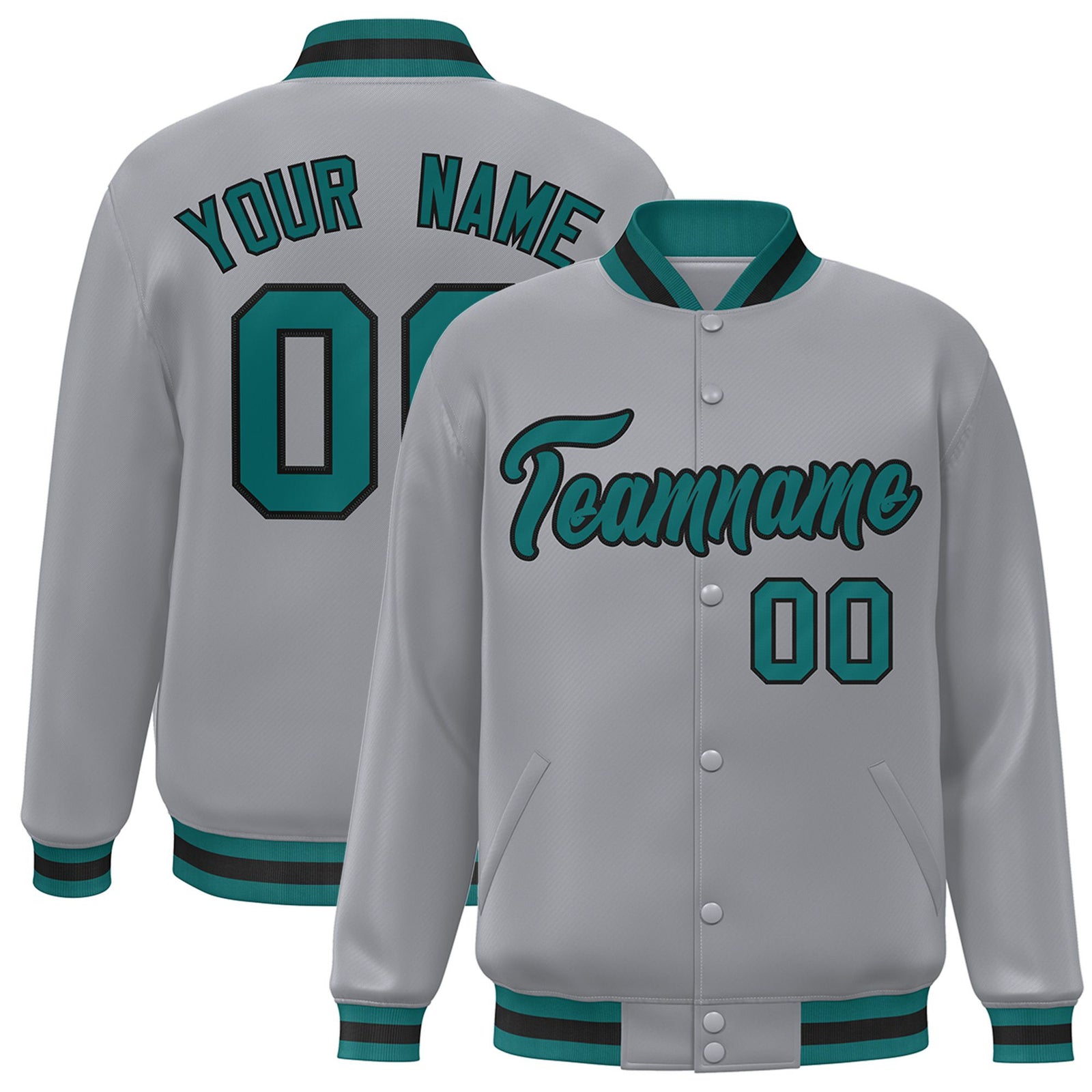 Custom Gray Aqua-Black Bomber Full-Snap Varsity Letterman Jacket