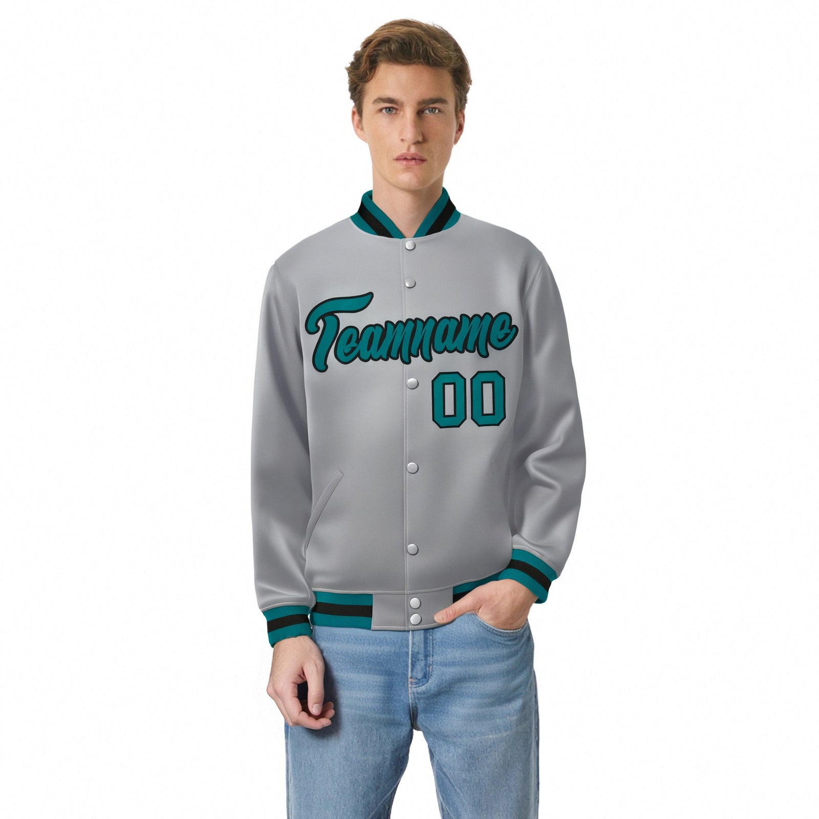 Custom Gray Aqua-Black Bomber Full-Snap Varsity Letterman Jacket