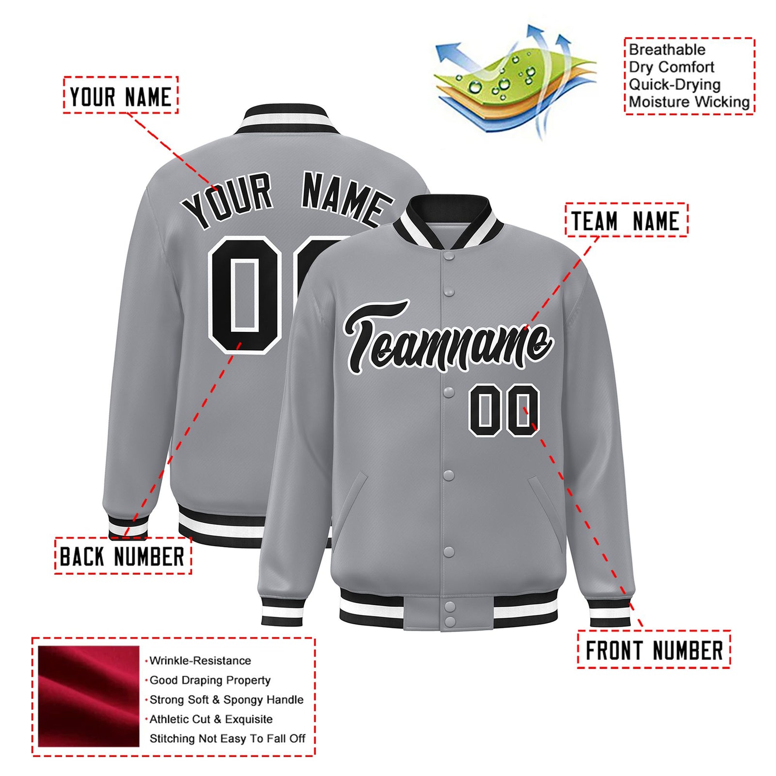 Custom Gray Black-White Bomber Full-Snap Varsity Letterman Jacket