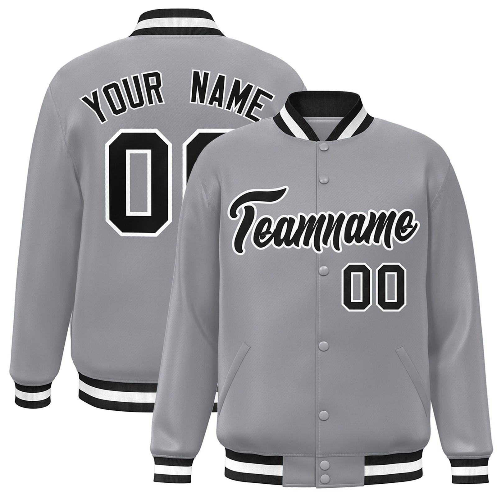 Custom Gray Black-White Bomber Full-Snap Varsity Letterman Jacket